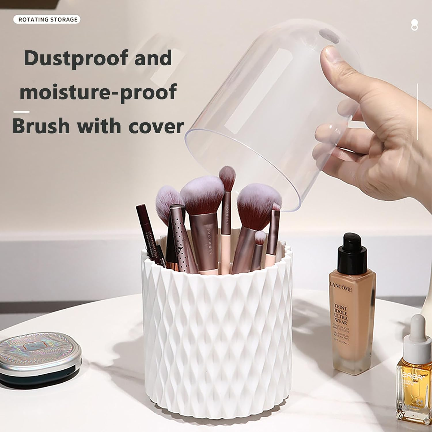 SYGELER 360 &deg; Rotating Makeup Brush Storage Rack - Large Capacity 5-Slot with Dust Cover, Suitable for Dressing Table/Bathroom/Countertop, White Stylish Design