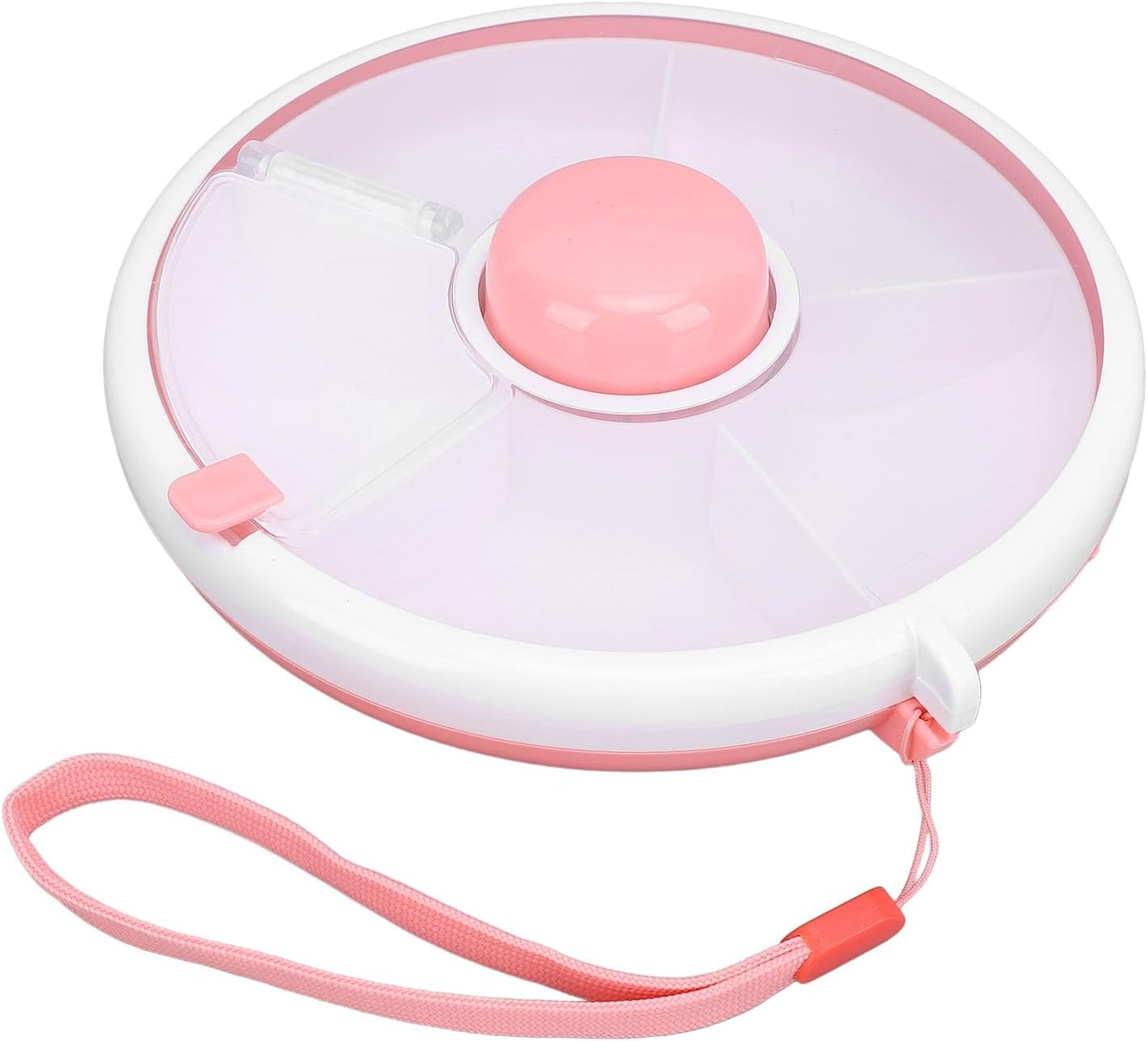 Rotating Snack Container, Large Capacity Sealing Fruit Storage Box with Lid, 360&deg; Rotating, Dampproof, 5 Compartment Dispenser for Kids (Pink)