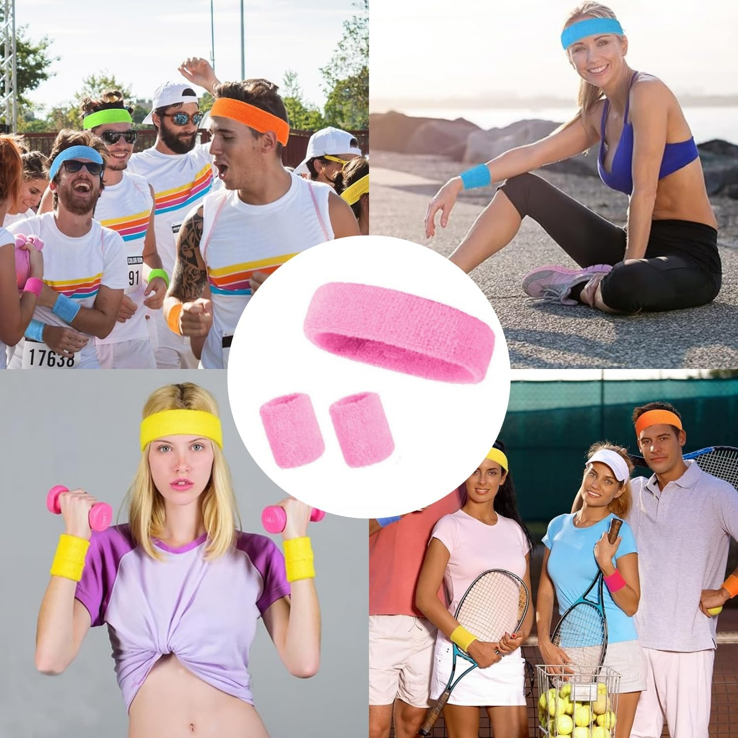 Shoyisenka 8 Sets of 80S Neon Sports Headband and Wrist Guard Sets - Unisex Fitness Headband and Sweat Band (8 Colors, Retro Style)