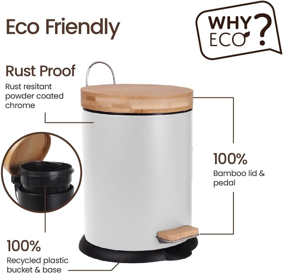 Eco Basics Rubbish Bin, White, 5 L &ndash; 100% Recycled Plastic, Bamboo & Powder-Coated Chrome, Rust-Resistant, Non-Skid Base, Soft-Close Mechanism, Compact for Bathrooms & Toilets, 28.5 X 21.5 Cm
