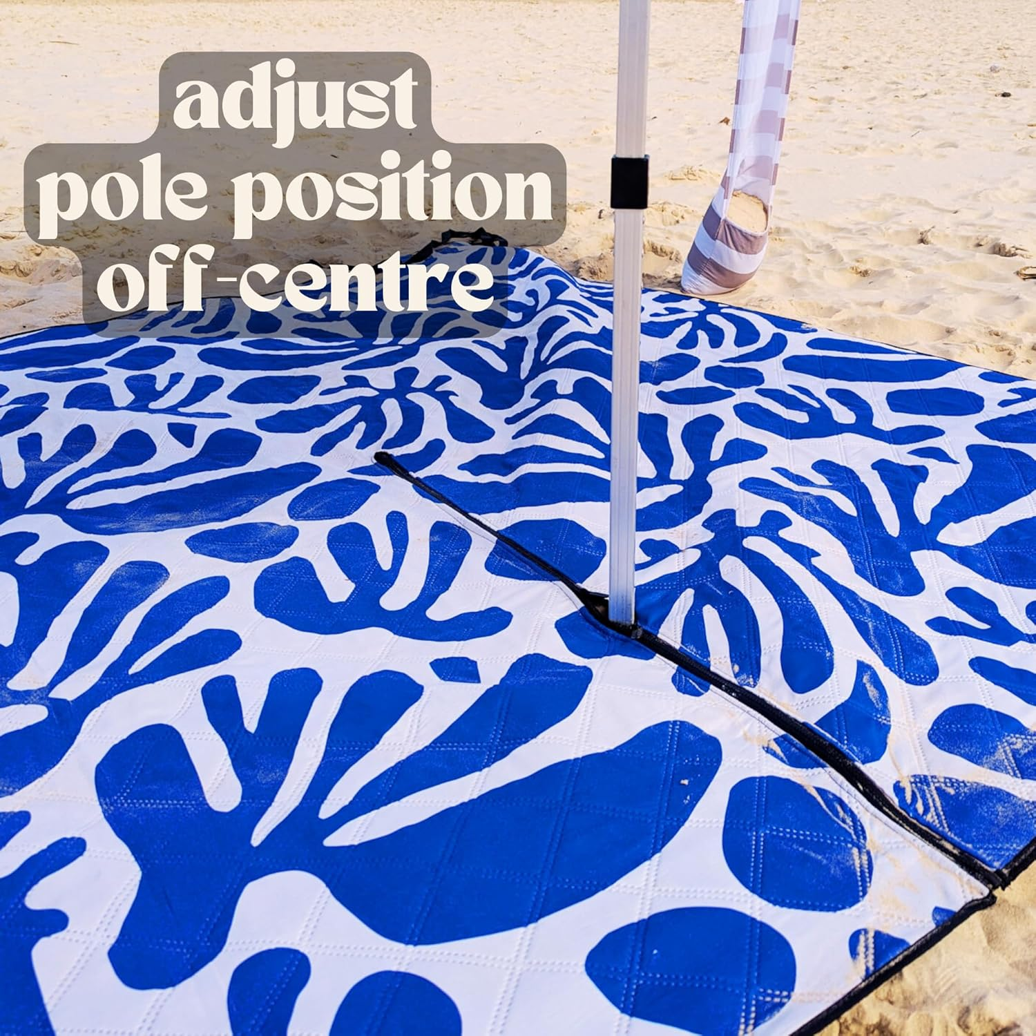 2M * 2M Cabanamate Picnic Rug &ndash; Adjustable Zip-Slit Design for Cabana or Umbrella, Sand-Resistant Beach Mat, Water-Resistant, Lightweight & Eco-Friendly (Blue Coral)