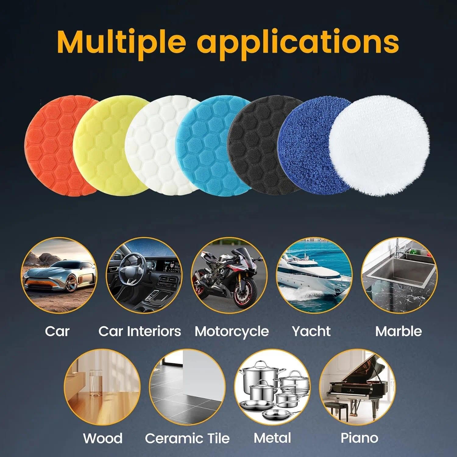 Buffing Polishing Pads 7 Inch - 7Pcs 180Mm Face for 7 Inch Backing Plate, Car Compound Buffing Sponge Pads and Woolen Cutting Polishing Pad Kit image number 2