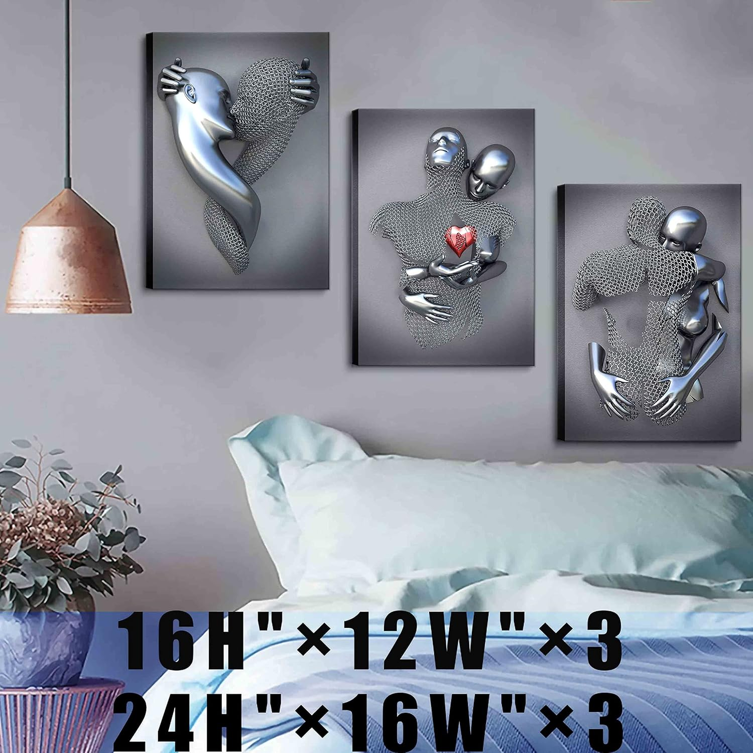 Framed Wall Art for Bedroom 3D Metal Effect Love Heart Couple Wall Art Decor for Living Room 3 Pieces Modern Abstract Grey Black and White Canvas Prints Poster Pictures Paintings for Wall Decorations image number 5