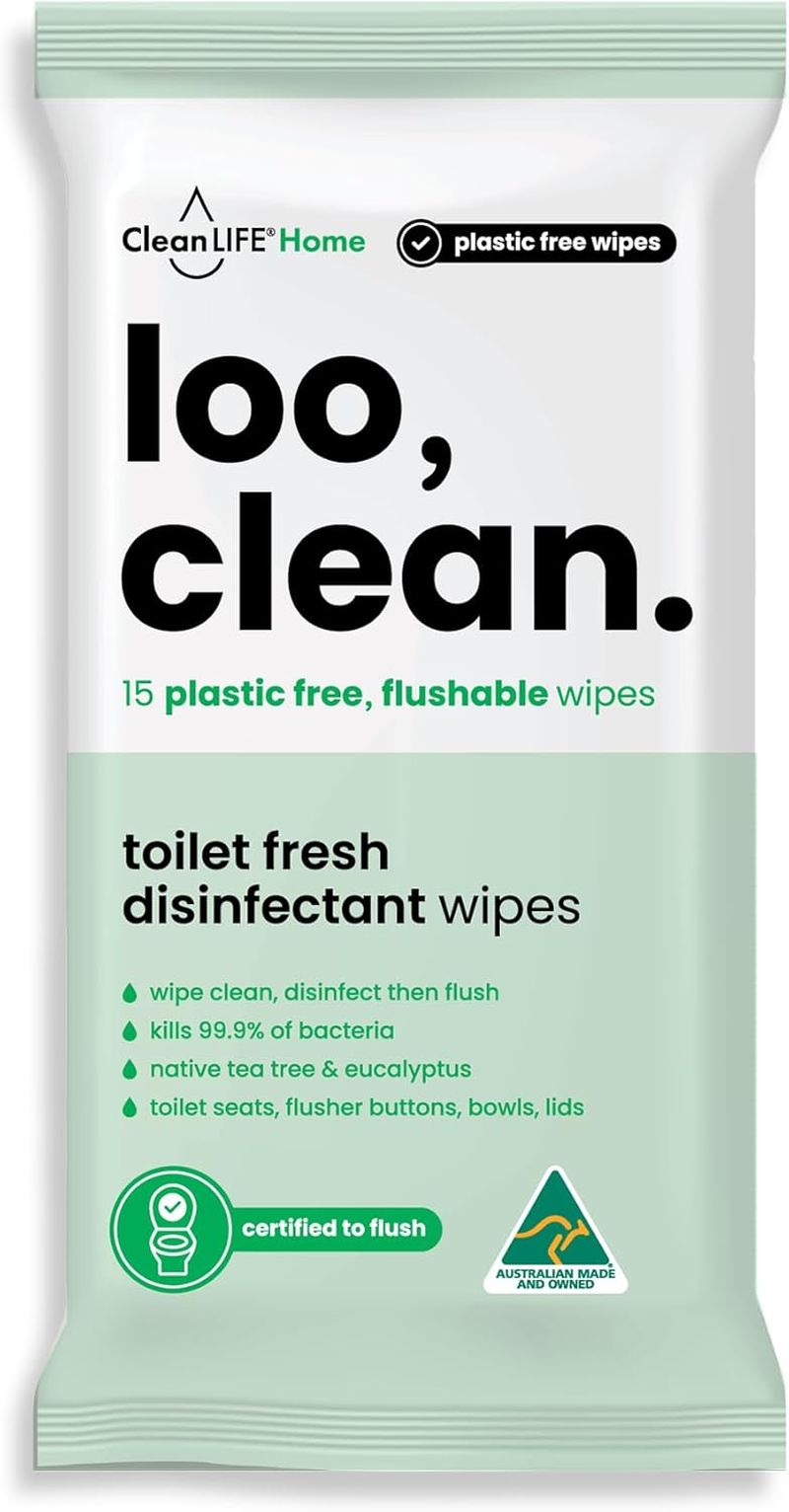 Cleanlife Flushable Toilet Wipes - Biodegradable Bathroom Cleaning Sheets, Travel Disinfectant Surface with Tea Tree & Eucalyptus for Seat, Bowl & Public Loo Hygiene, 15 Wipes image number 2