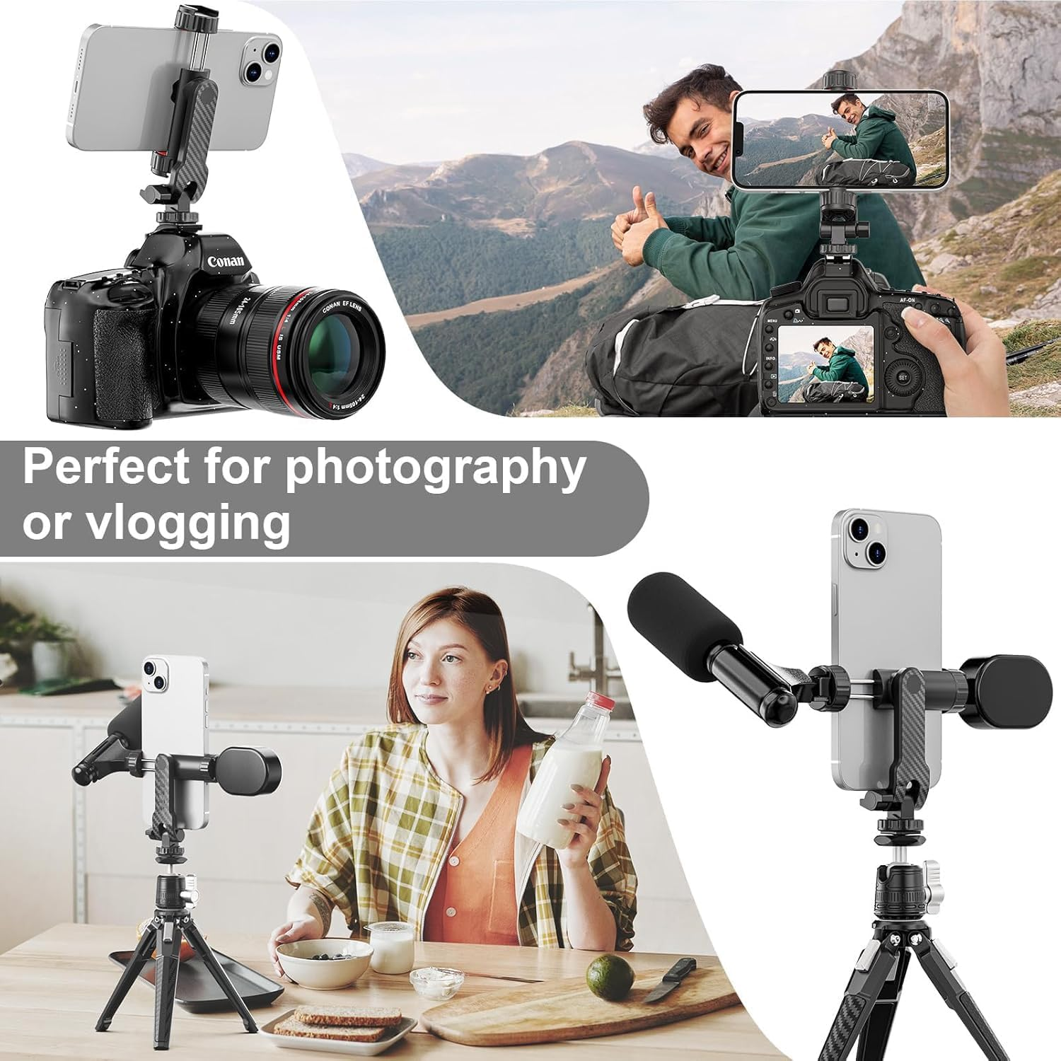 Cell Phone Tripod Mount, Tripod Phone Holder with 1/4" Screw 2 Cold Shoes, 360&deg;Rotates 180&deg;Tilts Adjustable Camera Hot Shoe Phone Mount for Iphone for Samsung Selfie Stick Camera Stand image number 2