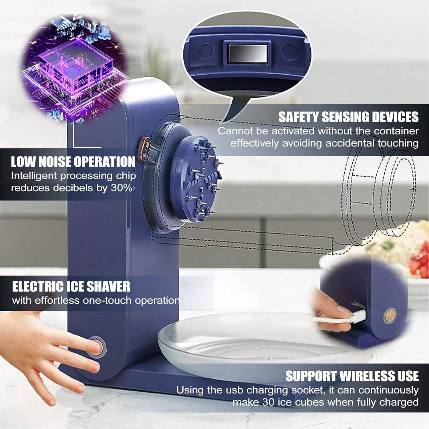 Ice Shaver, Electric Shaved Ice Machine with Ice Tray, Portable USB Charge Ice Crusher, Slushie Machine, Snow Cone Machine, for Ice Cream, Snowcone, Kakigori, Bingsu, Cocktail Maker for Home,White