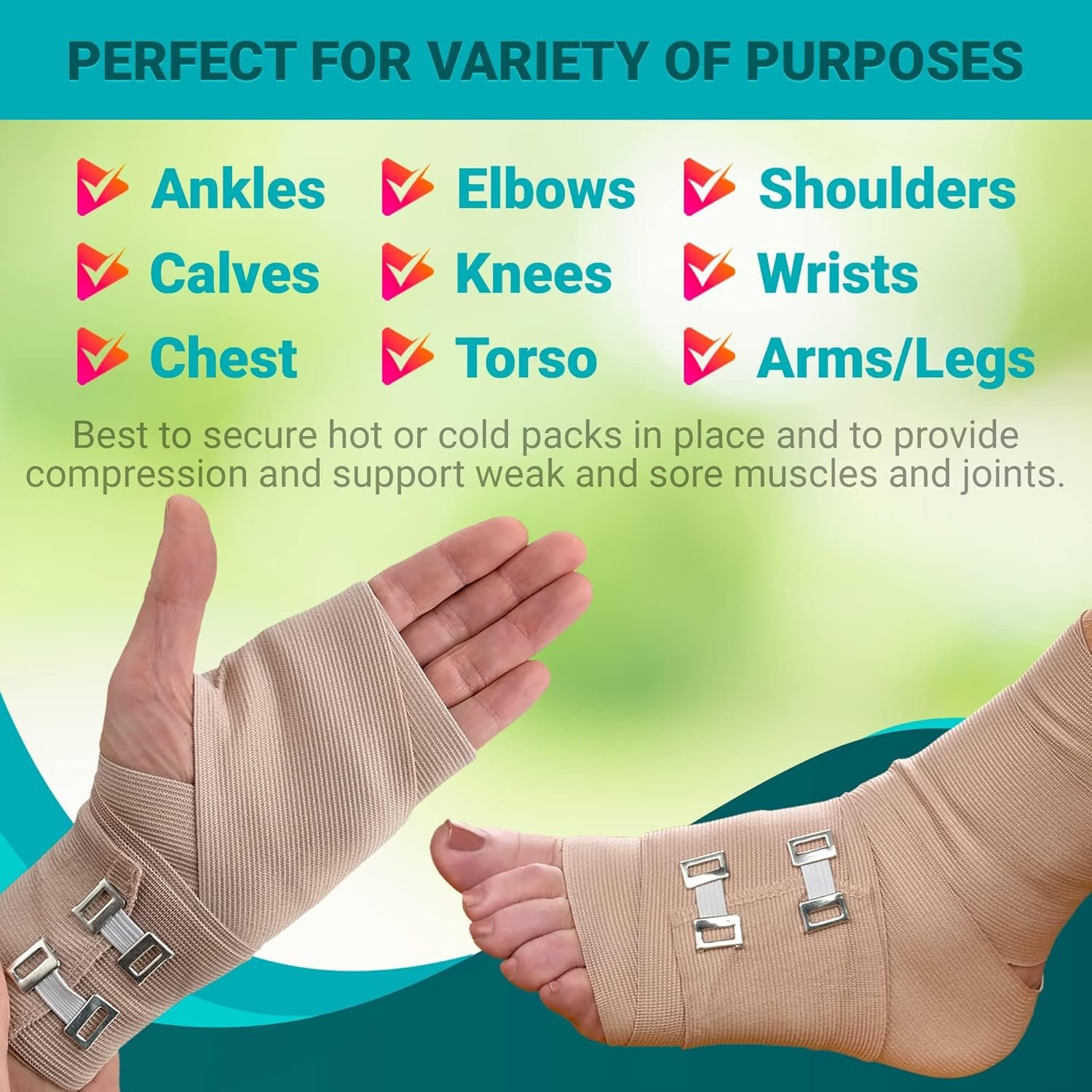 Medca Elastic Compression Bandage Wrap - First Aid Bandages Roll Measures 2", 3", 4", 6" X 5 Ft with 4 Extra Hooks - Athletic Sports Stretch Wraps for Ankle, Wrist, Arm & Leg Sprains (Pack of 8) image number 1