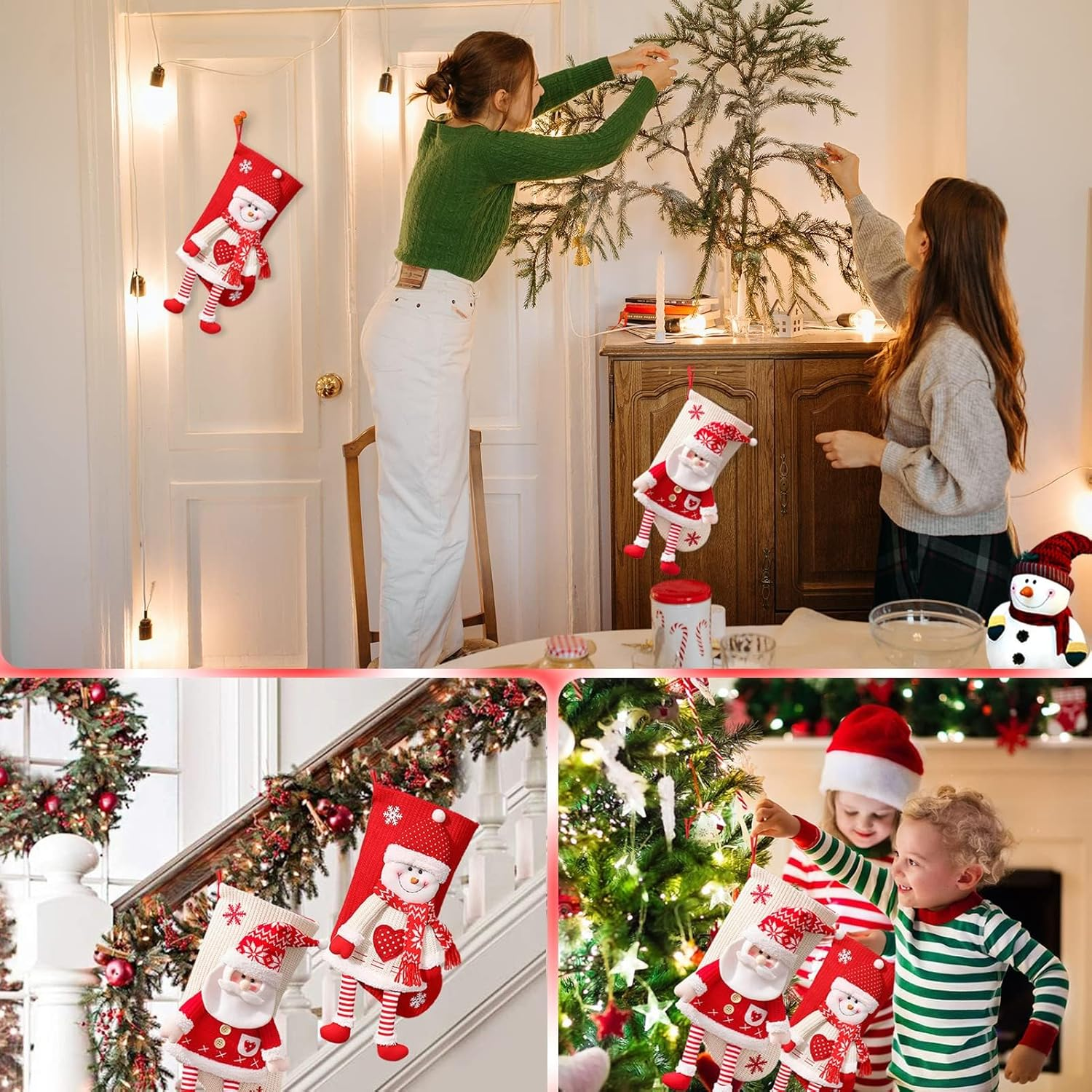 20 Inch Christmas Stockings Set, Large Personalized Christmas Stockings 2 Pack, Knitted Santa Snowman Socks 3D Pattern, Eve Candy Stocking Gifts Bag for for Holiday Xmas Party Decorations