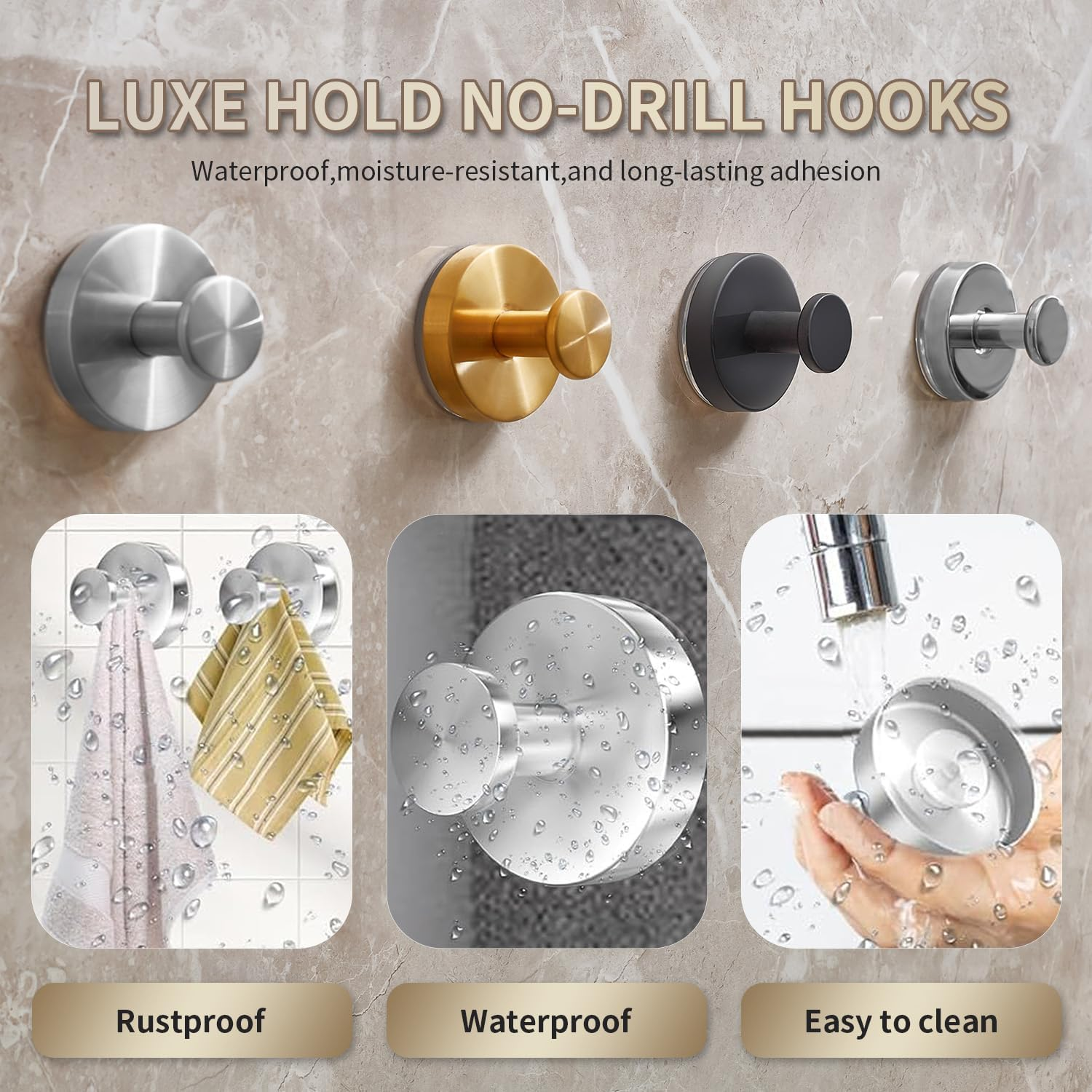 4Pcs Strong Suction Cup Hooks for Shower, No Drill Towel Hooks for Bathrooms, Bathroom Hooks, Suction Hooks,Towel Holder for Bathroom Wall, Kitchen, Glass, Mirror (Gold, 4 Pcs)