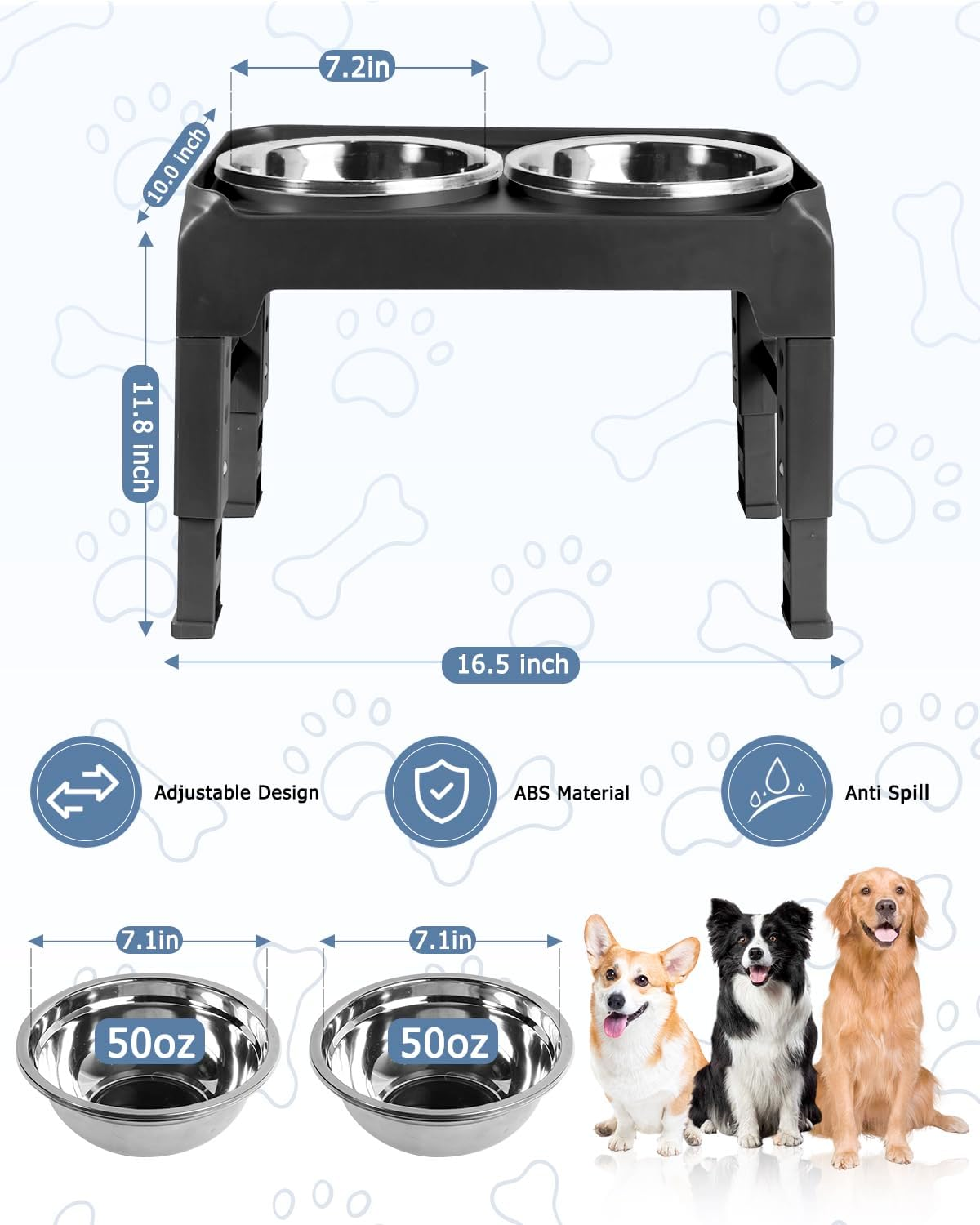 Elevated Dog Bowls, Raised Feeder Stand with 2 Stainless Steel Food Water Bowl, Pet Dish Feeding Station with 4 Adjustable Heights for Small Medium Large Dogs