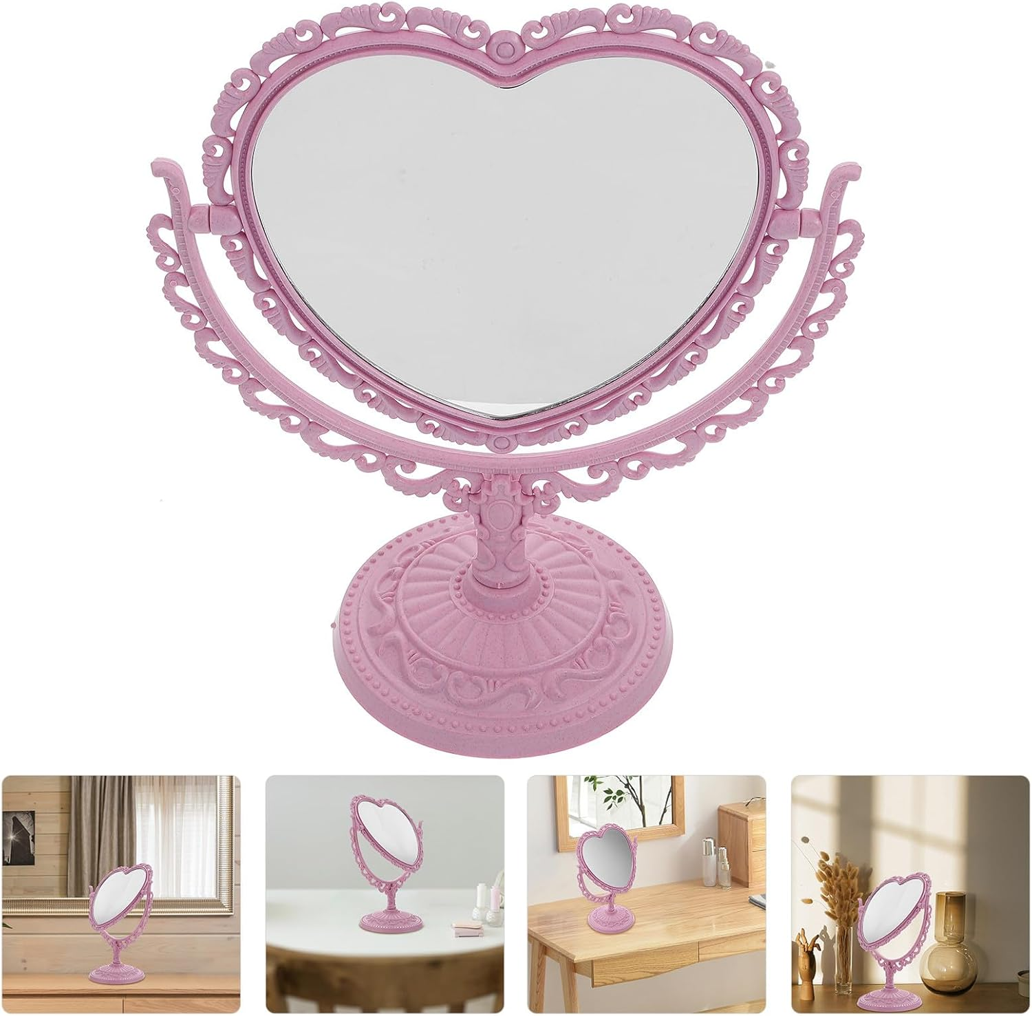CLISPEED Double-Sided Rotating Heart Shape Vintage Makeup Mirror, Pink Desktop Table Mirror Standing Design for Women&rsquo;S Vanity and Bedroom image number 5