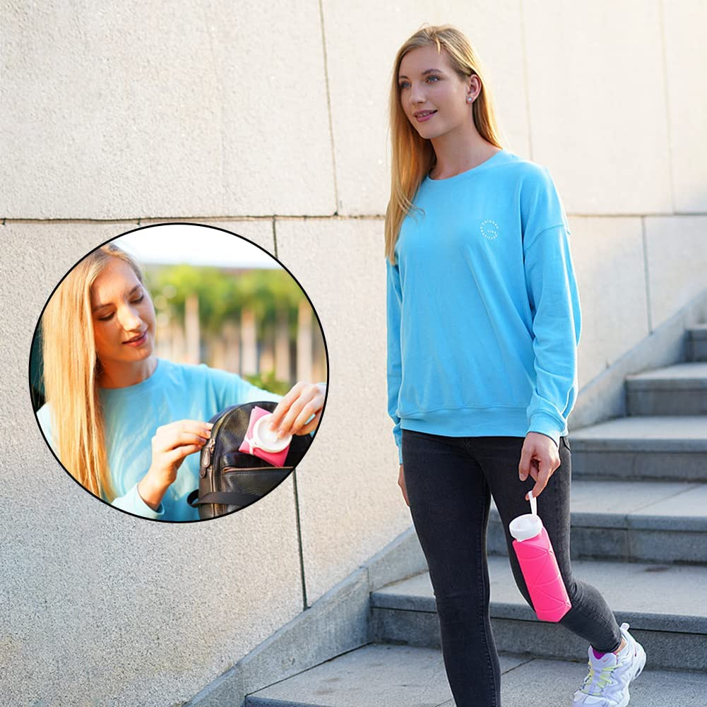 Collapsible Bottle Foldable Food Grade Silicone Water Bottle with Suction Nozzle,Collapsible Leak Proof Water Bottle for Sports,Fitness Gym,Gym Outdoor,Camping Hiking,Travel(Pink,600Ml) image number 3