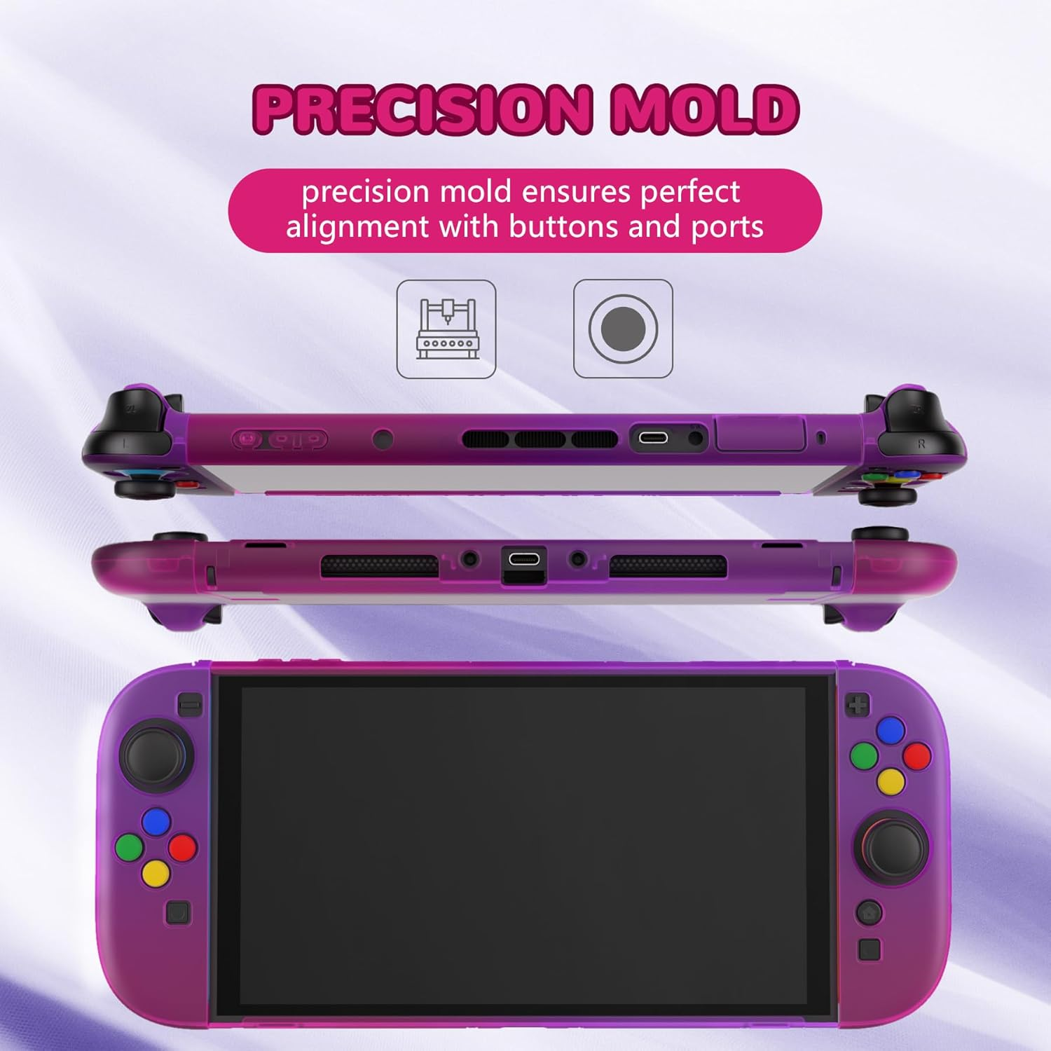 Playvital Clear Series Protective Case for Nintendo Switch 2, Anti-Scratches Hard Shell Dockable Grip Cover with Extra Foldable Stand & Thumb Grips for Nintendo Switch 2 - Clear Atomic Purple Rose - Transparent image number 5