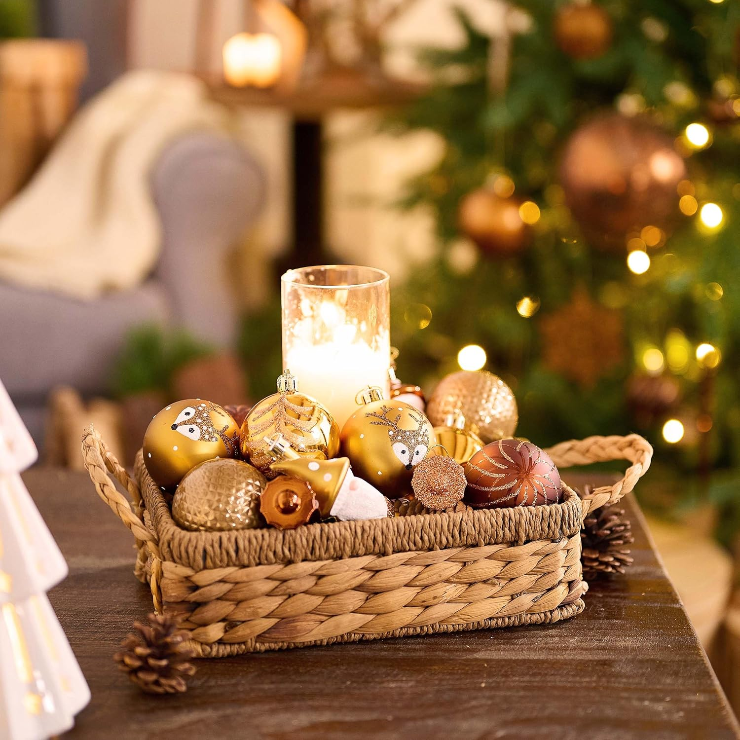 Valery Madelyn Christmas Ornaments Set, 40Ct Brown Copper and Gold Shatterproof Christmas Tree Decorations, Woodland Bronze Gnome Deer Hanging Ball Ornaments Bulk for Thanksgiving Xmas Holiday Decor image number 3