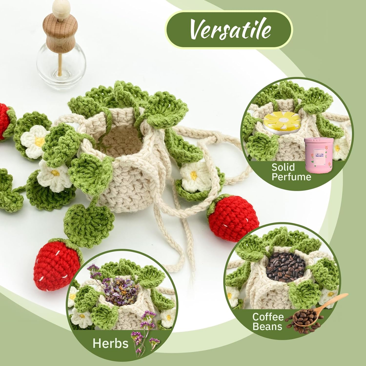 Crochet Car Air Freshener, 15Ml Empty Refillable Oil Diffuser Bottle with Hanging Crochet Strawberry Plant for Car Rearview Mirror Decor Air Freshener Diffuser for Home and Office Decor(Strawberry) image number 1