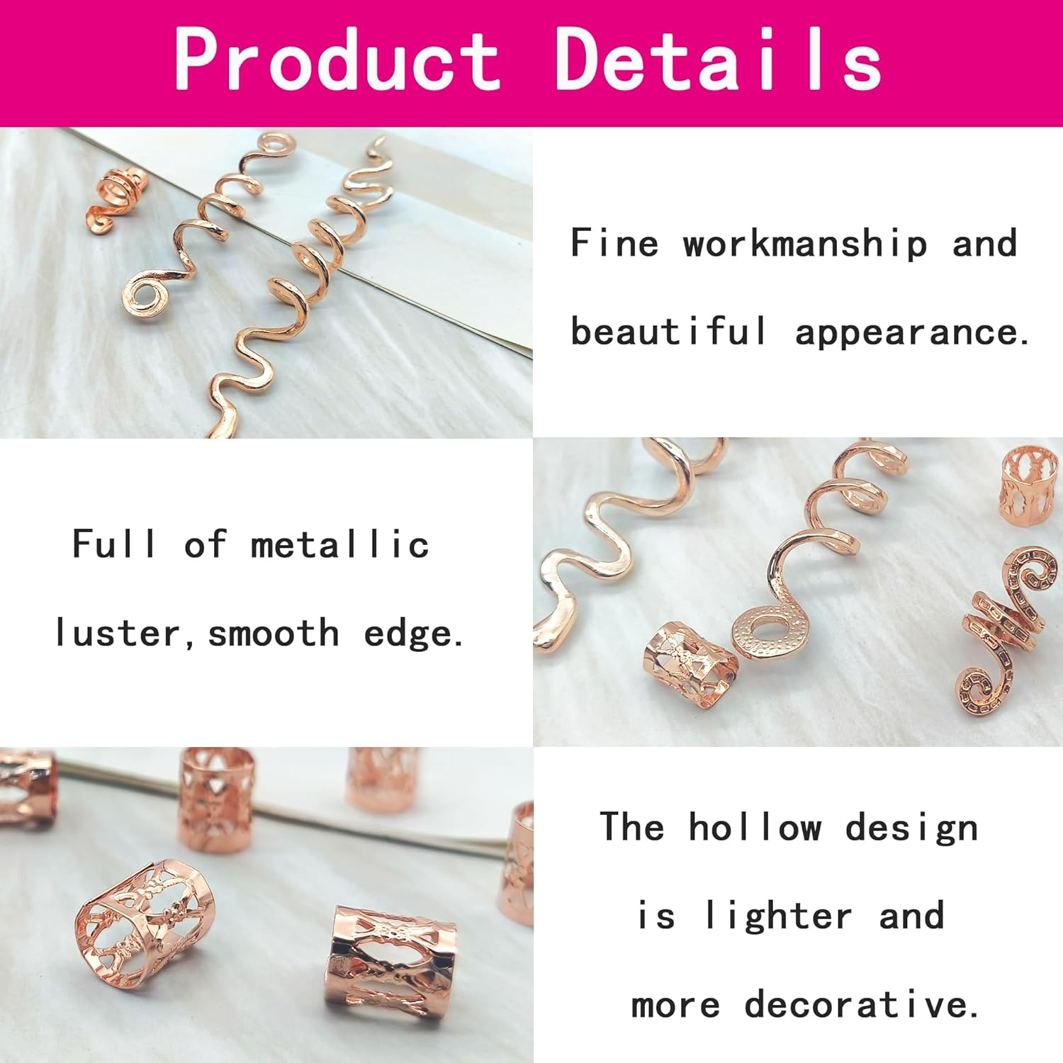 XCSJ Dreadlock Jewellery Hair Spirals Clips Hair Braid Rings Adjustable Metal Cuffs Hair Dreadlocks Accessories Cuffs Hair Accessories Set Hair Spirals Dreadlocks for Men Women - 28 Pieces (Rose Gold) - Rose Gold, 20 Pieces image number 7