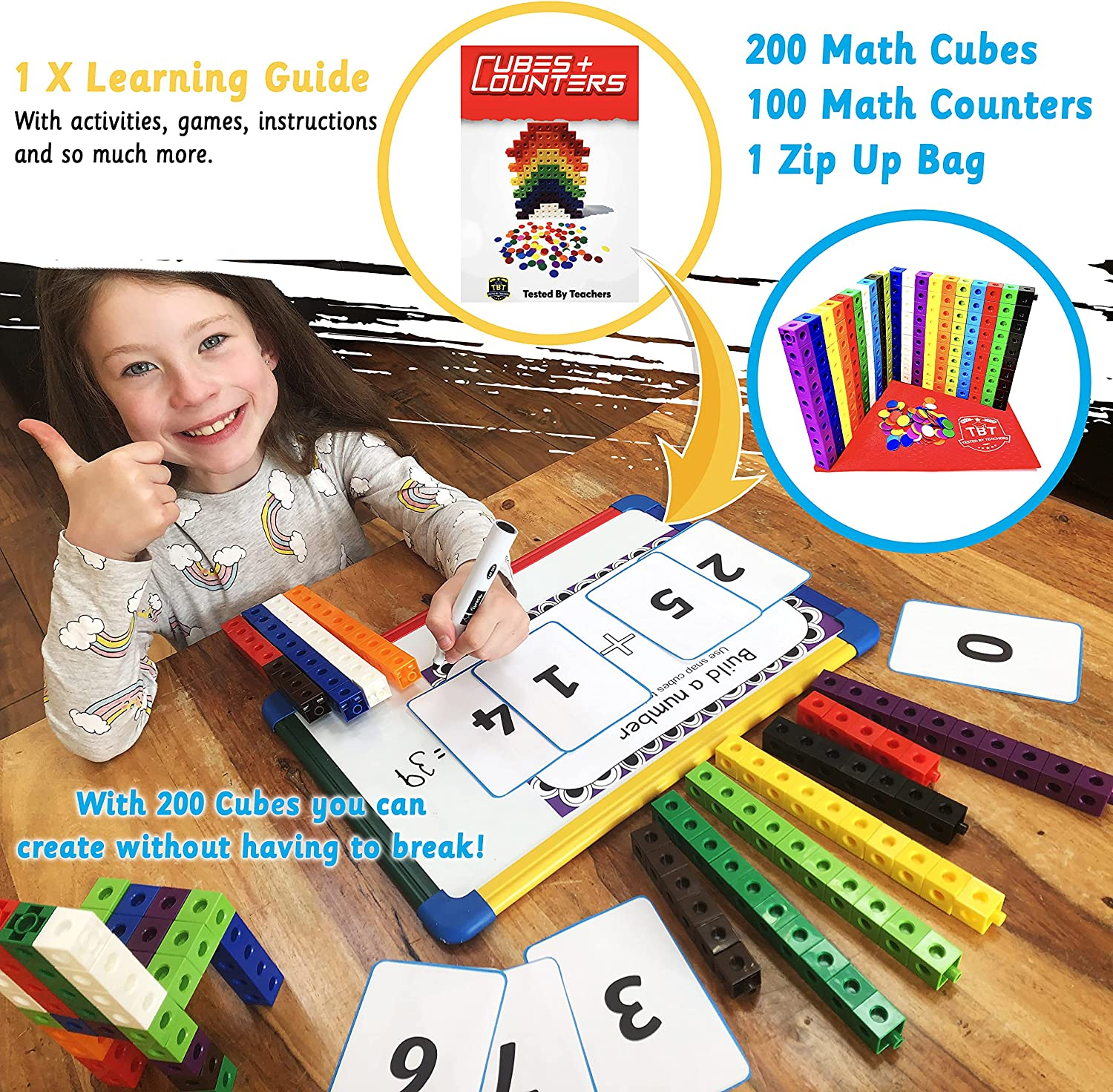 200 Math Cubes & 100 Math Counters Set with Learning Guide & Case - Ideal for Home Schooling, Montessori and Number Sense Learning. Creative Educational Connecting Blocks Toy & Bingo Counters for Kids image number 4