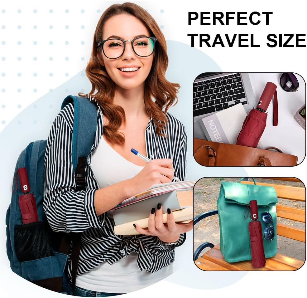 Strong Windproof Automatic Umbrellas, 24 Strong Ribs Umbrella, 99% UV Protection, One Button Auto Open and Close, Compact Travel Umbrella, Portable Folding Umbrella for Men and Women - Wine Red image number 5
