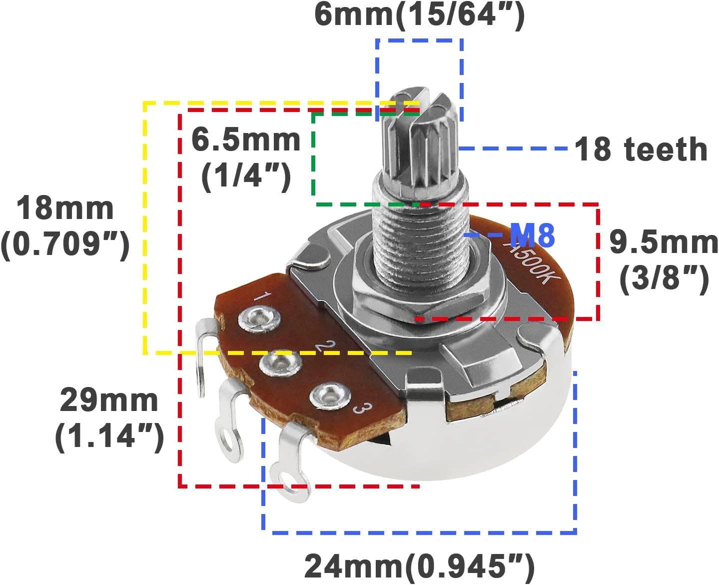 VGOL 2PCS Metric Mini 18Mm Split Shaft Pots A500K Guitar Potentiometers Audio Taper Pots for Electric Guitar Bass Control Tone Volume Parts image number 5