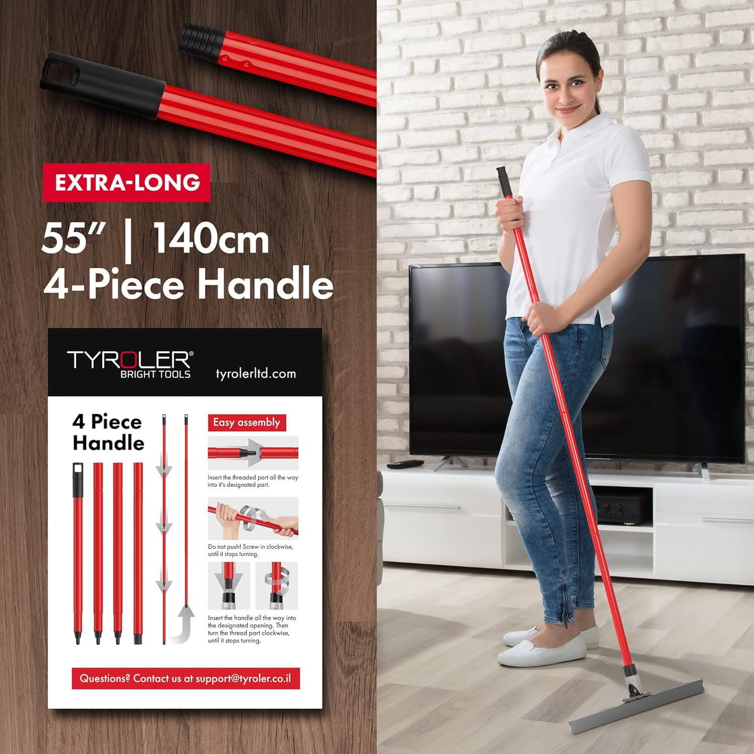 Tyroler Bright Tools Patented Floor Squeegee Heavy Duty 45 Cm, Solid 100% Silicone, Long 4 Parts Handle 140 Cm, Adjustable Knuckle Joint - Best for Washing, Drying, Bathroom, Wet Room, Floor image number 1