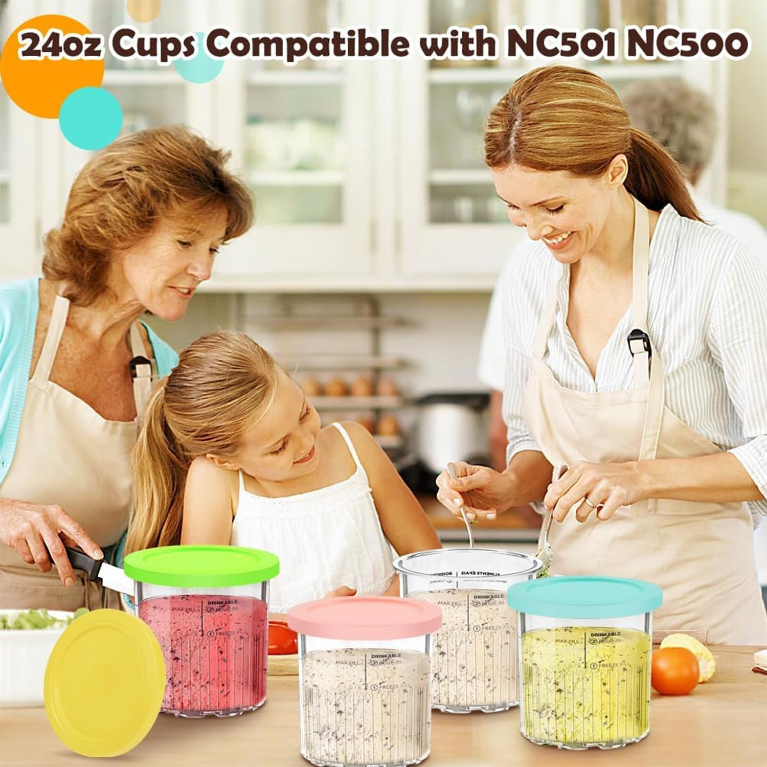 Replacement for Ninja Creami Deluxe Pints and Lids 4 Pack,24Oz Ice Cream Maker Pints Containers Compatible with Ninja NC501 NC500 Series Ice Cream Maker,Bpa Free, Dishwasher Safe image number 1