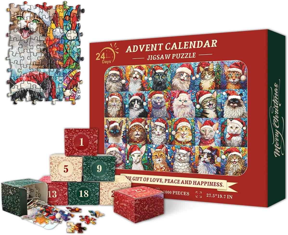 PICKFORU Christmas Advent Calendar 2024 Puzzles for Adults 1000 Pieces, Cat Mosaic Stained Glass Puzzle Countdown Calendar, Colorful Animal Christmas Jigsaw Puzzles as Home Decor image number 1