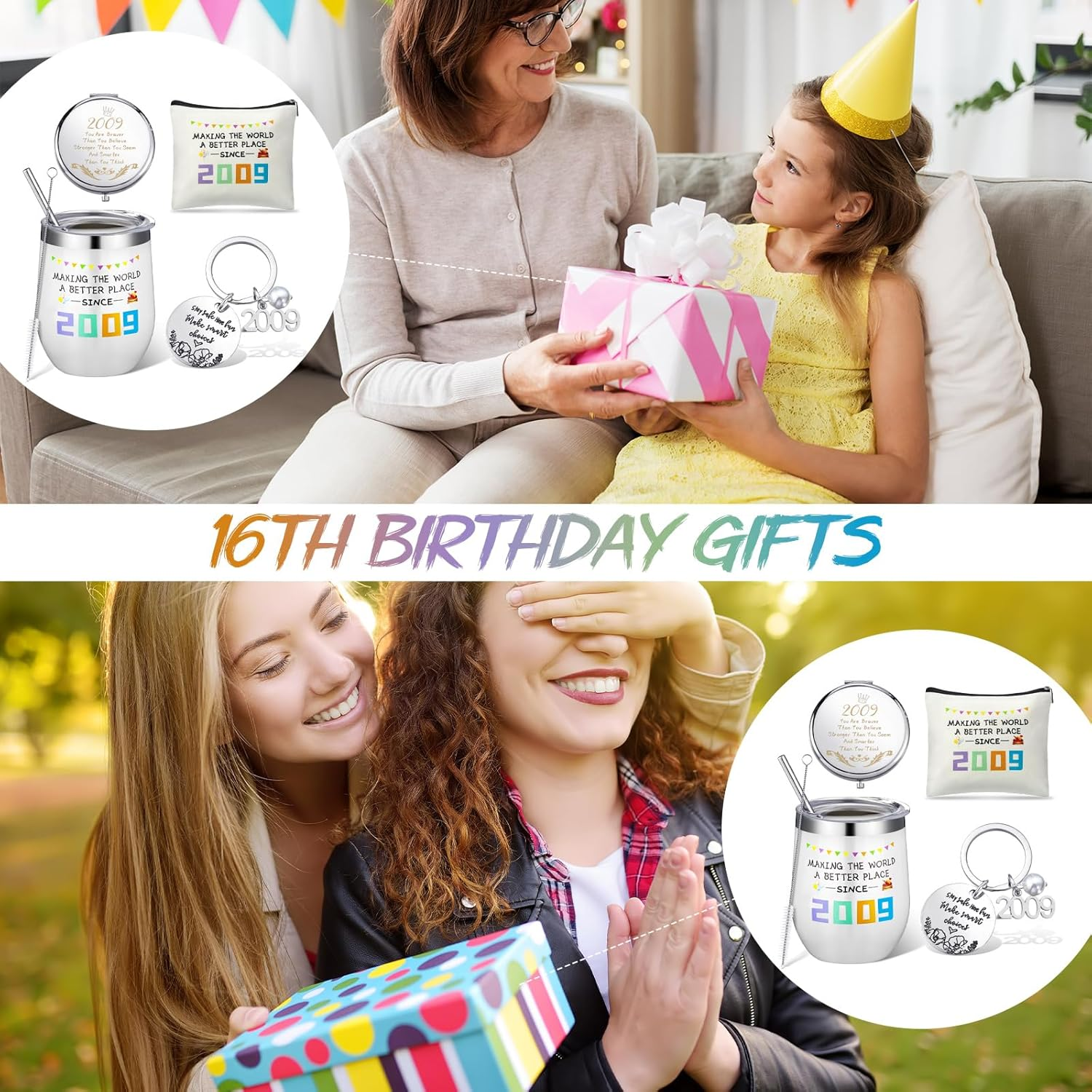 Didaey 16Th Birthday Gifts Set for Girls 2009 16 Years Old Gift, since 2009 16Th Birthday Makeup Pouch Bag 12 Oz Insulated Tumbler Stainless Steel Mirror Keychain for Bestie Daughter BFF, Multicolor image number 6
