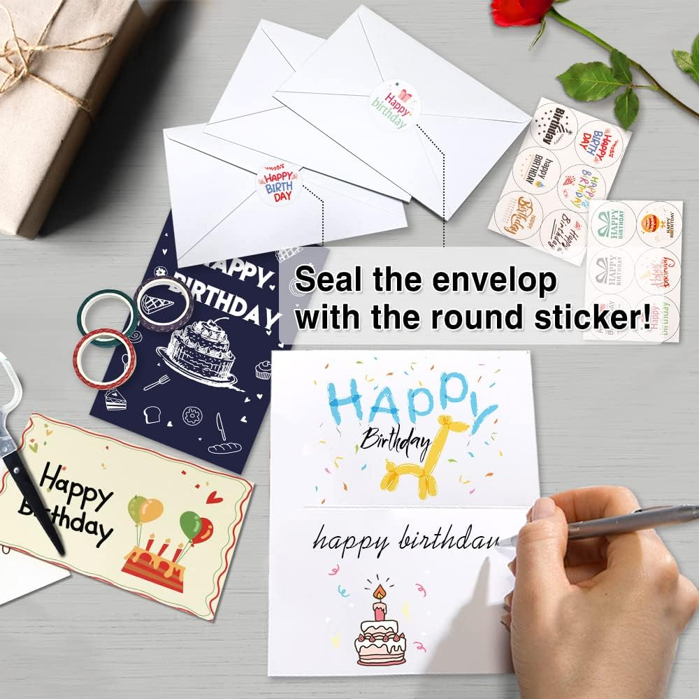 Feela 40 Pack Happy Birthday Cards, 40 Designs Birthday Cards Multipack with 40 Blank Envelopes, 48 Pieces of Stickers 2 Washi Tapes, 10X15Cm Blank Greeting Cards for Women, Men, Friends and Kids image number 4