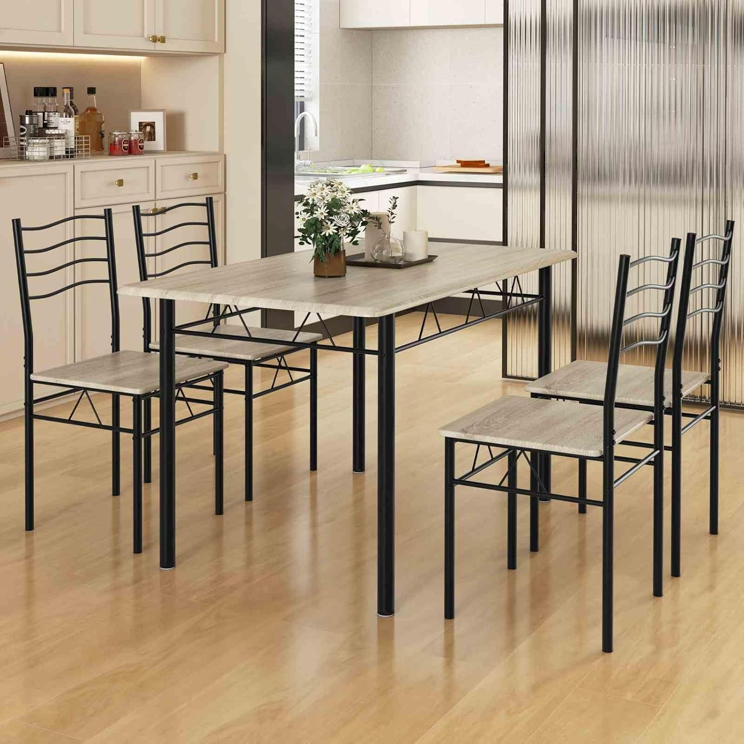 Costway 5-Piece Dining Table and Chair Set, Metal and Wood Rectangular Dinning Table Furniture Set W/ 4 High Backrest Chairs, Modern Dinette Set for Kitchen, Dinning Room, Restaurant, Shallow Walnut image number 4