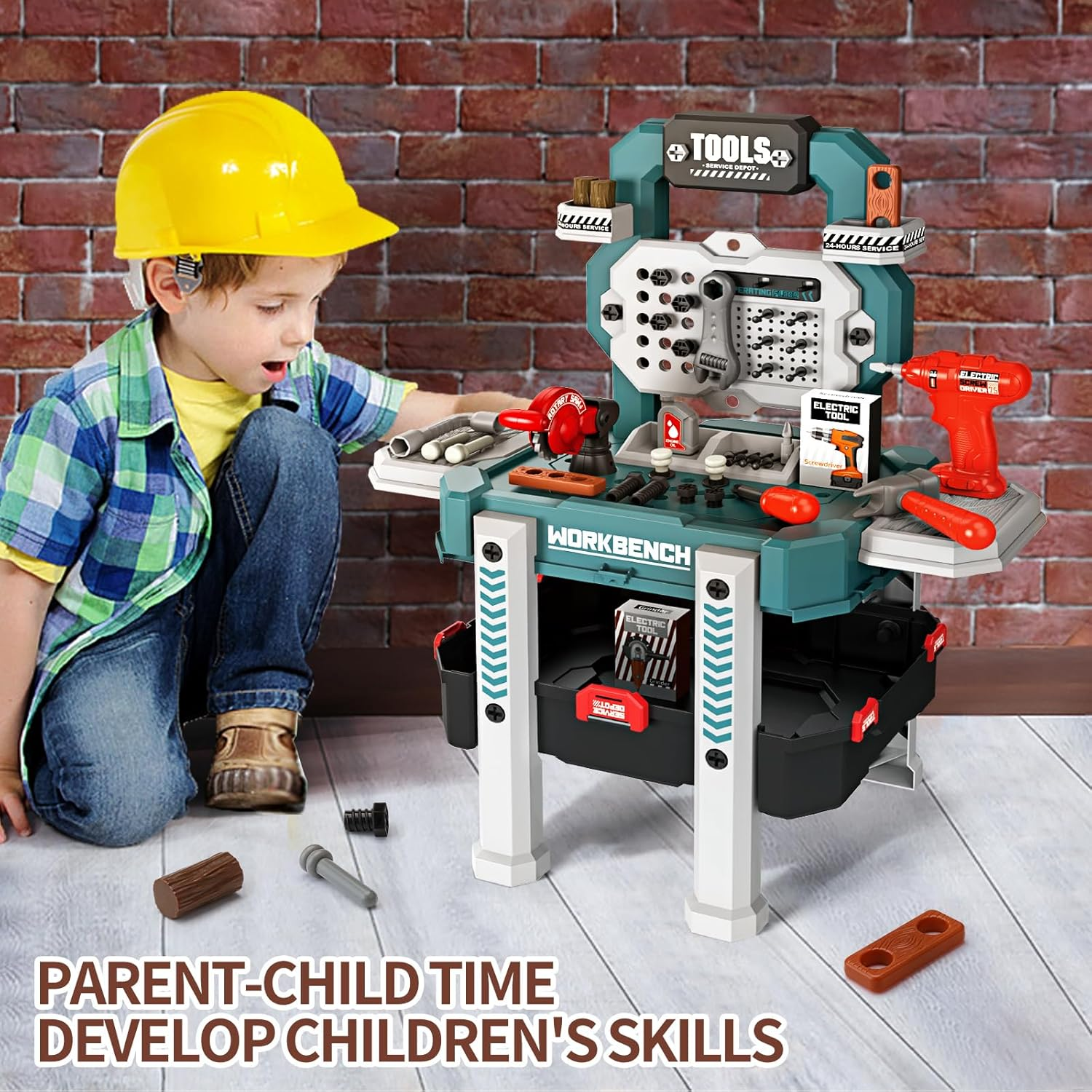 Deejoy Kids Tool Bench with Realistic Tools and Electric Drill, 79 Pcs Transformable Kids Tool Set with Clothes, Toddler Tool Bench Learning Boys & Girls Age 3-5 (Green)