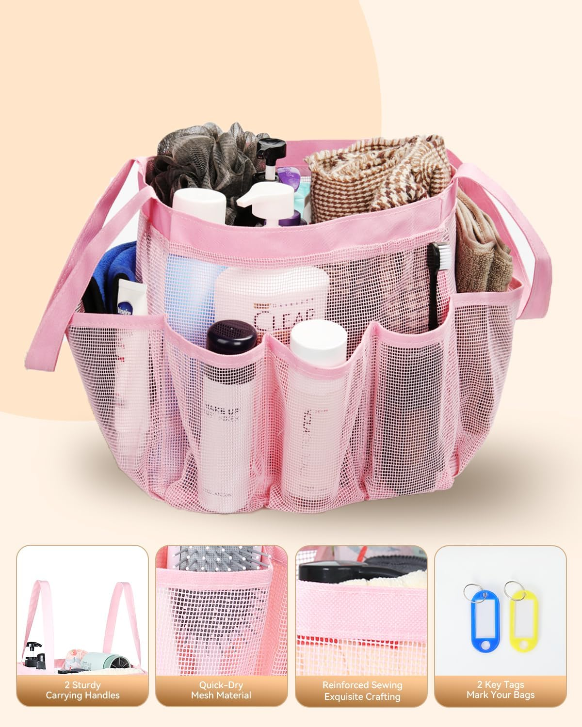Temede Mesh Shower Caddy Tote, Large Shower Caddy Basket Portable, Quick Dry Hanging Toiletry Bag, 8 Storage Pocket Bath Organizer for College Dorm, Gym, Camp, Travel (Pink) - Blue image number 2