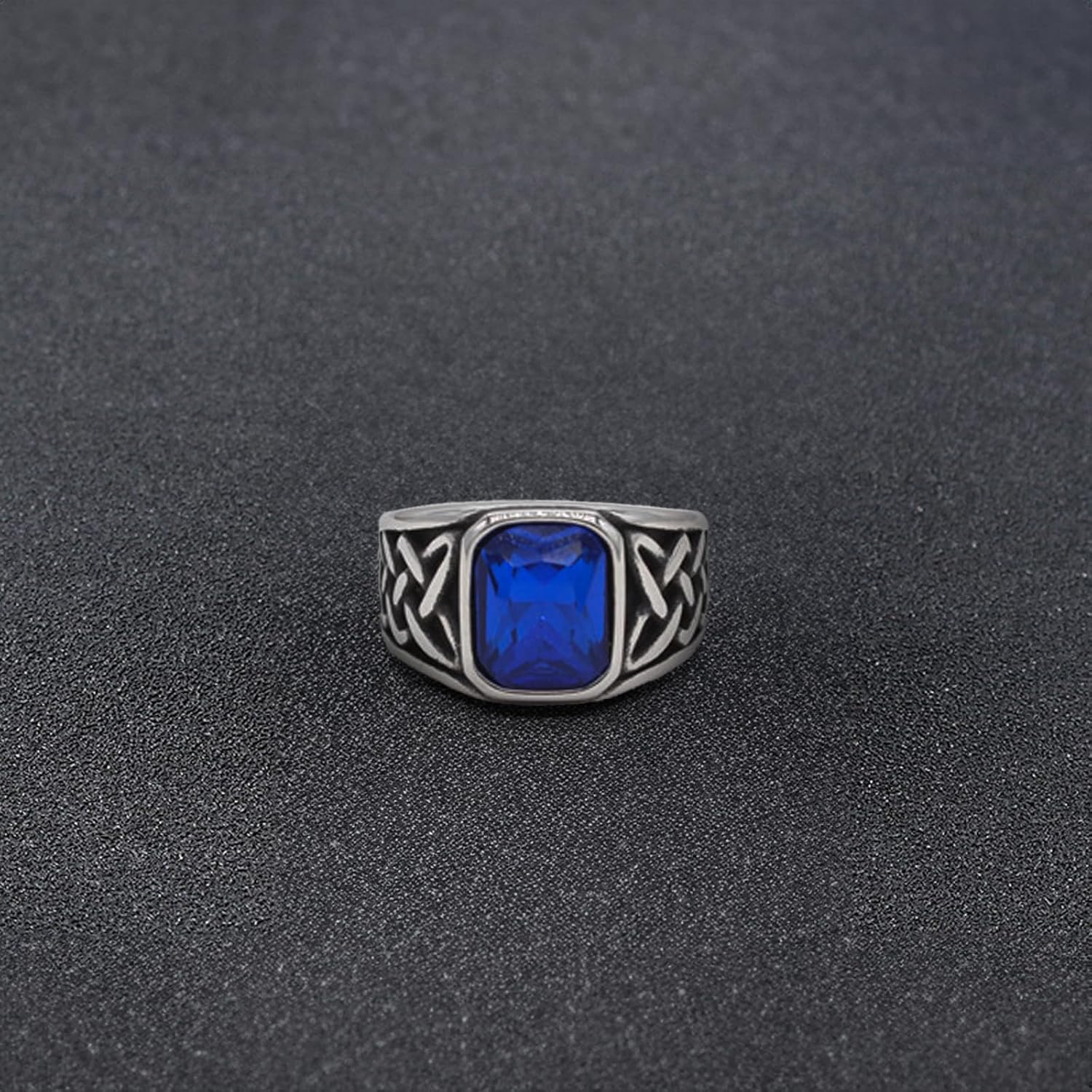 LIAN Mens Black Onyx Sapphire Rings Stainless Steel Square Agate Signet Rings for Men Pinky Thumb Ring Band for Dad Father Handmade Engraved Jewelry Men Boys - 12, Blue image number 5