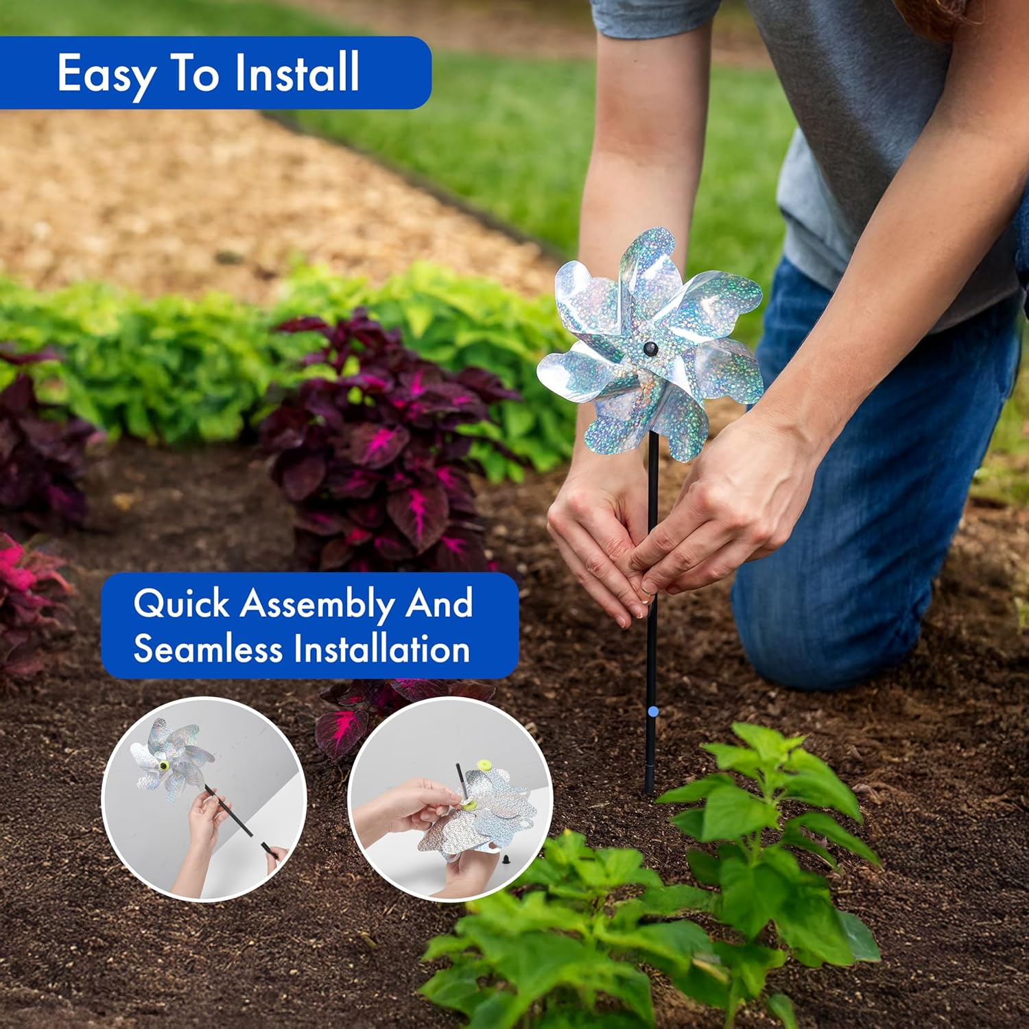 Bird Blinder Repellent Pinwheels - Sparkly Holographic Pin Wheel Spinners Scare off Birds and Pests (Set of 8) image number 5