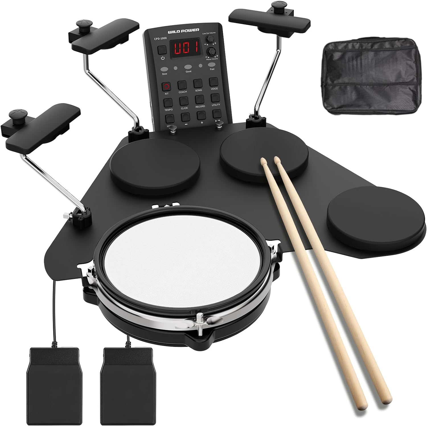 Electronic Drum Set, Portable Electric Drum Set for Beginner with Snare Quiet Mesh Drum Pads, 220 Sounds, 2 Switch Pedal, Tabletop Kids Drum Kit with Sticks, Travel Bag