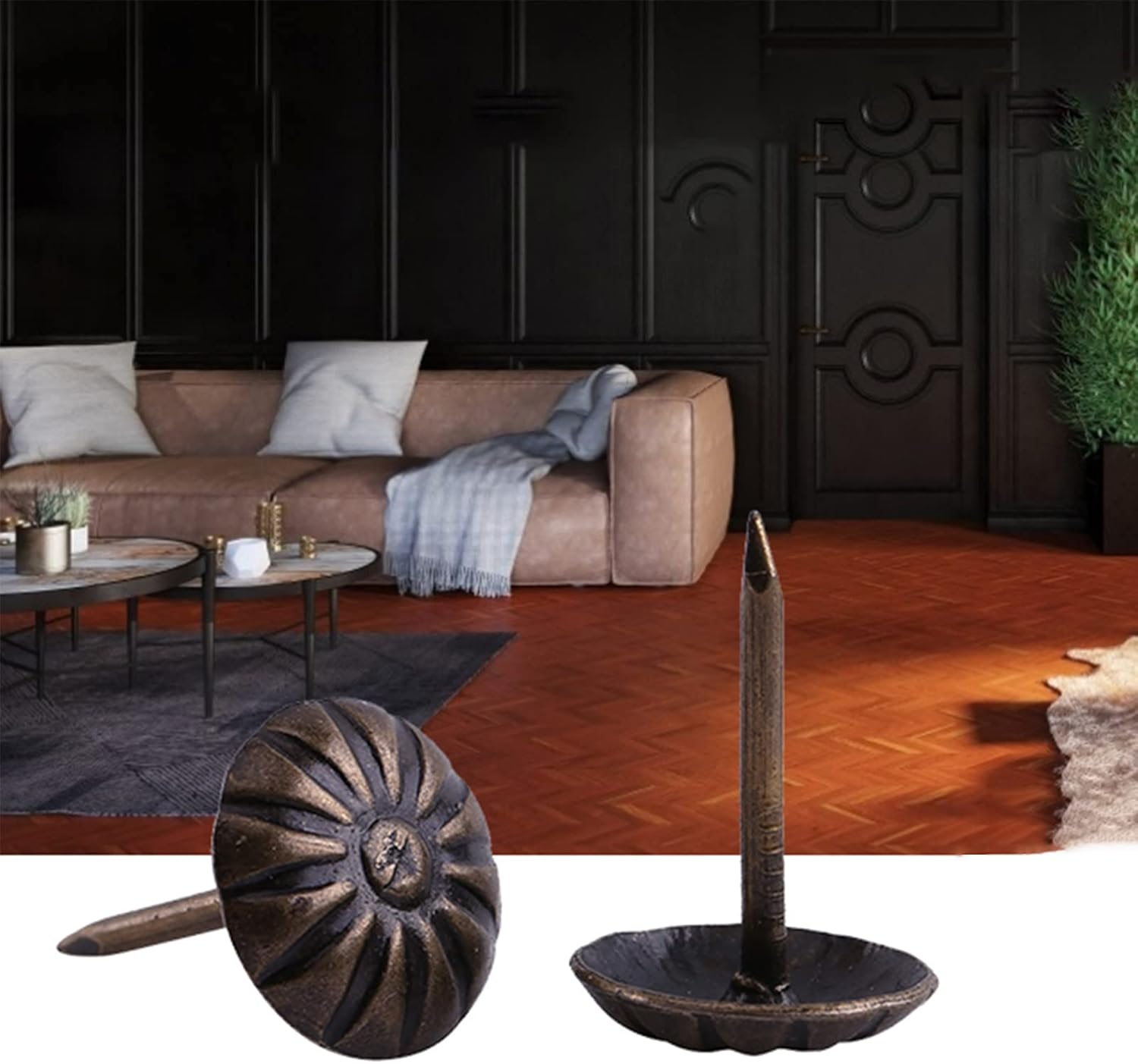 Joyzan Upholstery Decorative Tack, Vintage Furniture Nails Pins round Dome Head Sofa Thumb Tacks Antique Brass Push Trim Nailhead Kit for DIY Home Decor Chair Bed Cork Board Upholstered Wood 100Pcs image number 2