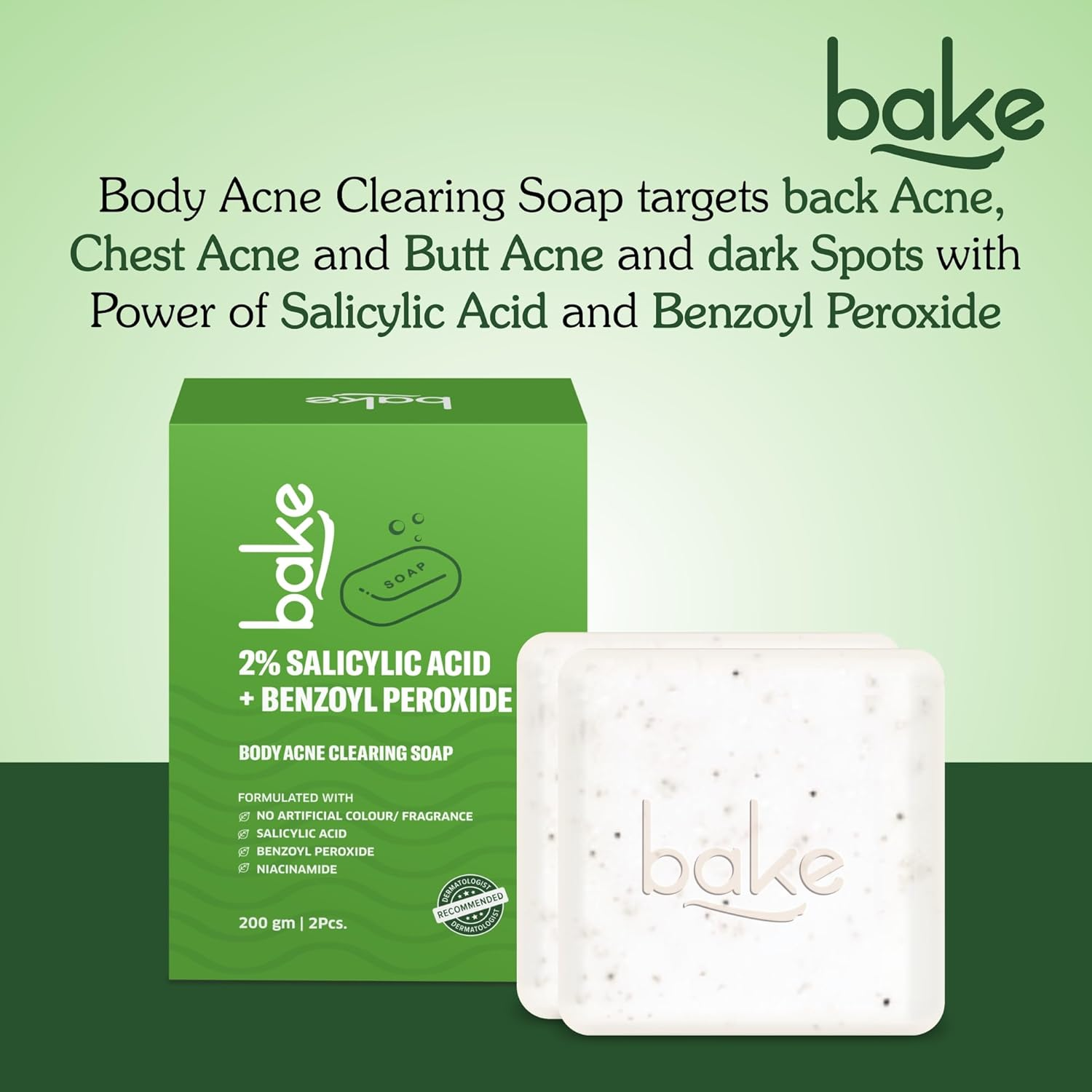 BAKE 2% Salicylic Acid Soap (2 Pcs) Scrub Treatment with Niacinamide for Body & Back Acne, Reduces Strawberry Legs | Fades Dark Spots | Non Drying Formula | Soap for Men & Women | 100G X 2 image number 4