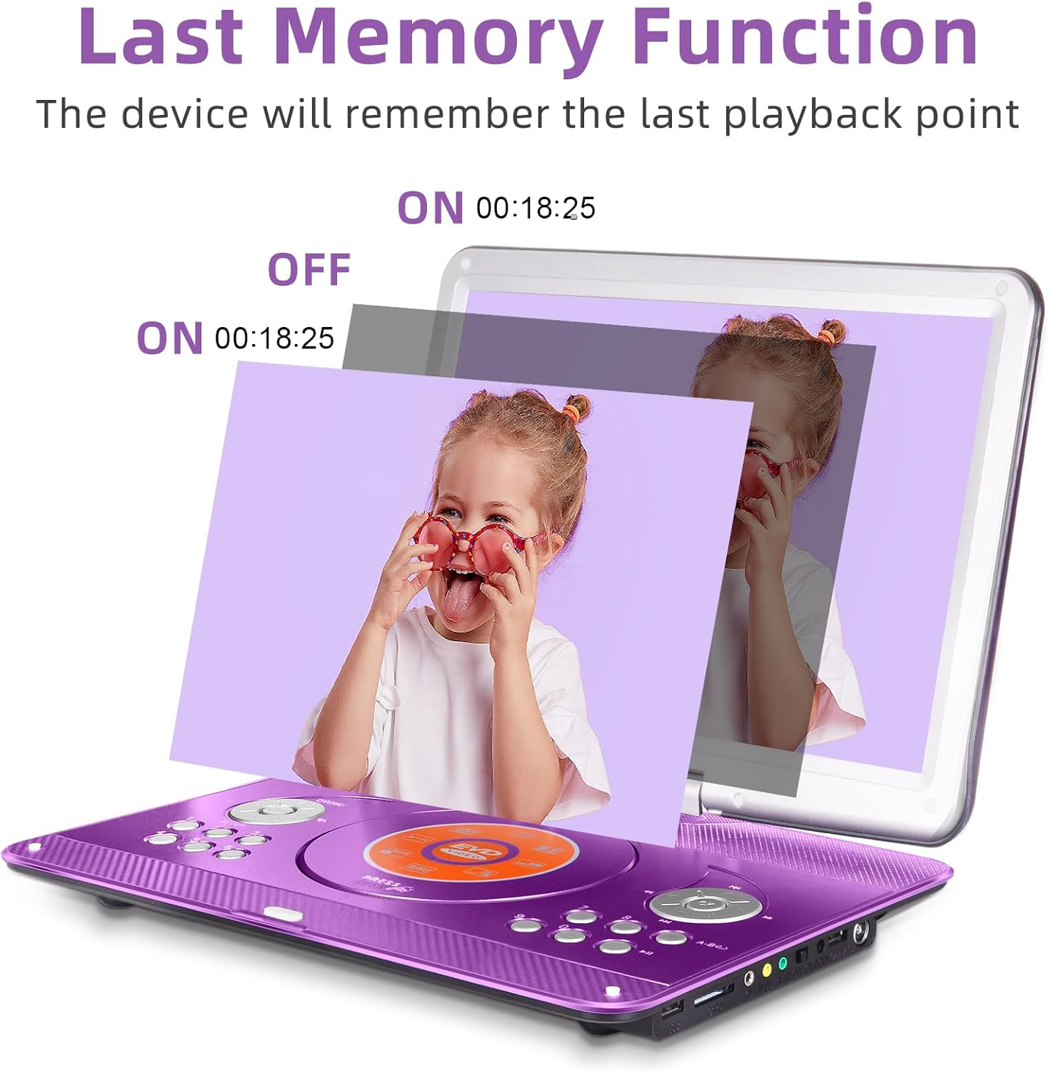 16.9'' Portable DVD Player with 14.1'' Large Swivel HD Screen, Kids DVD Players Portable with 6 Hrs 5000Mah Rechargeable Battery【Upgraded】, Sync TV, Support USB/SD Card, with Car Charge,Purple image number 6