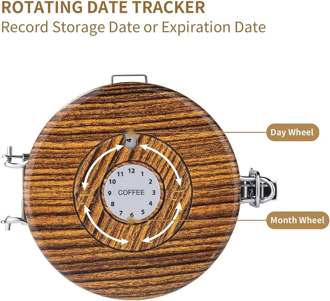 AIMALL Coffee Storage Canister with Day Schedule, Vacuum Sealed Jar with Spoon and Date Tracker, Airtight Stainless Steel Tea Powder Container in Wood Grain and Black image number 3