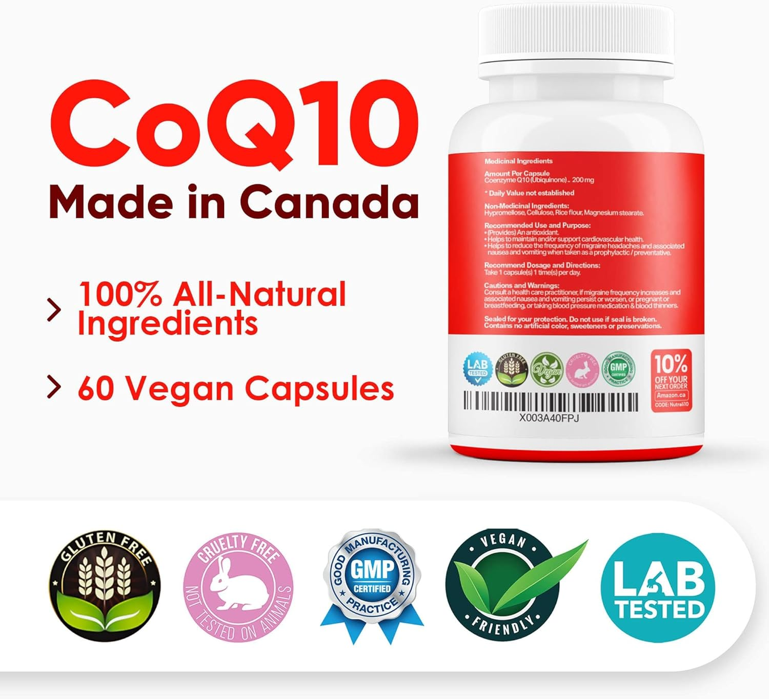 HIGH POTENCY 200MG Coq10 Ubiquinone Supplement &ndash; Coenzyme Q10, Improves Heart Health, Increases Energy, Reduced Migraines Is a Powerful Antioxidant, Gluten Free, NON-GMO, Vegan - 60 Capsules image number 2