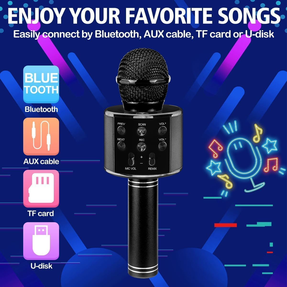 Wireless Bluetooth Karaoke Microphone for Kids, 5-In-1 Portable Handheld Karaoke Mic Speaker Player Recorder with Adjustable Remix FM Radio for Kids Girls Boys (With 32G TF Card,Black) - Rose Gold image number 3
