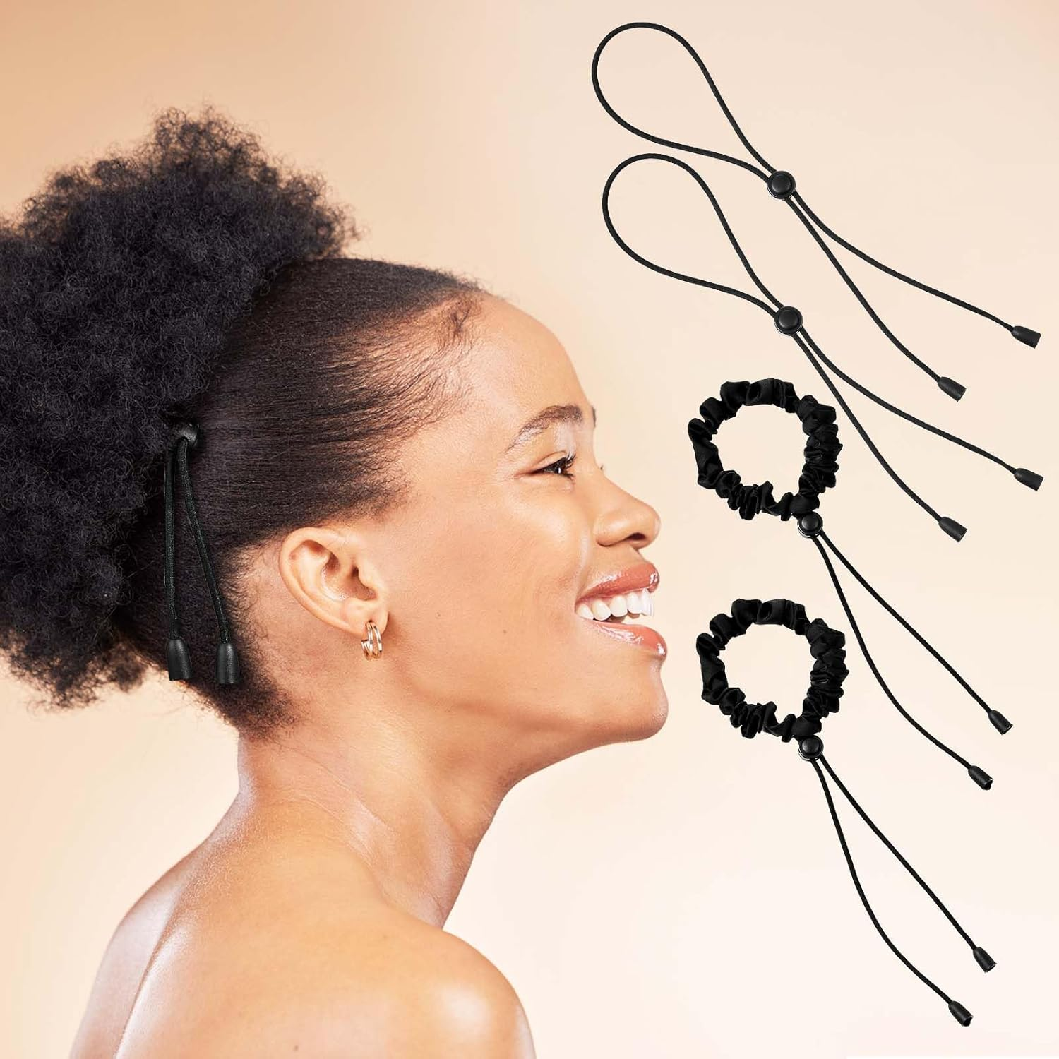 KFHENSOMR Adjustable Hair Ties 4 Pcs Black Large Satin Hair Ties for Afro Puff Thick Hairs Band Adjustable Loc Accessories for Black Women Soft Ponytail Holders for Medium Thick Thin Curly Hairs image number 2