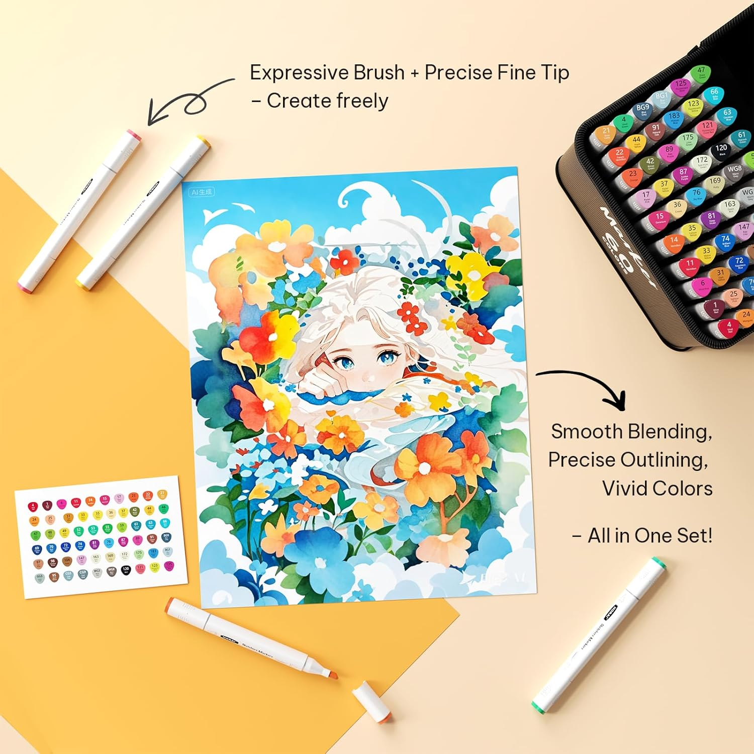 Sashion Alcohol Markers Brush Tip - 60 Colouring Markers Double Tipped Art Drawing, Alcohol Based Markers Set for Kids, Artist, Adult, Highlighter Pen Sketch for Painting, Sketching and Drawing image number 2