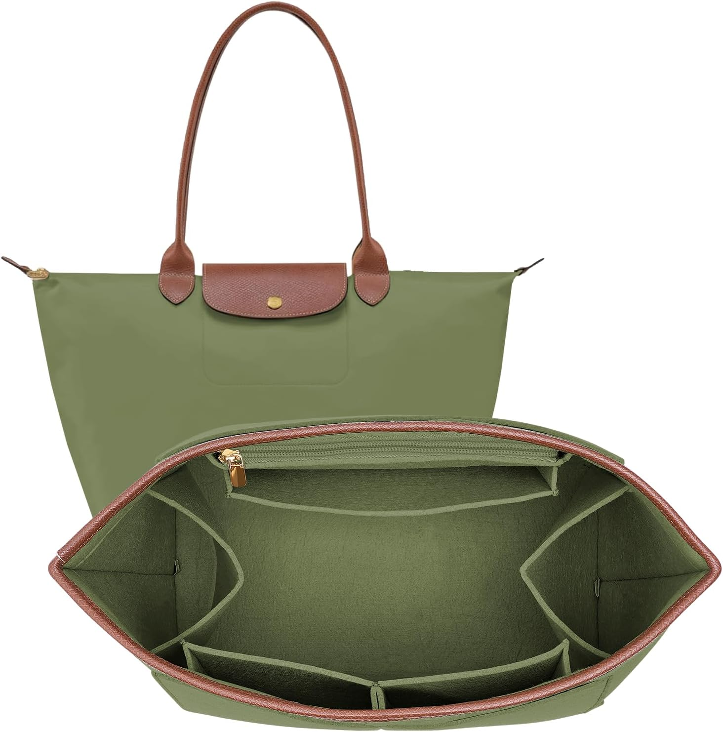 DOIAPUOS Felt Purse Organizer Insert for Longchamp Le Pliage L Bag Handbag Leather Edge Longchamp Organizer Insert (Olive Green, Large) image number 1