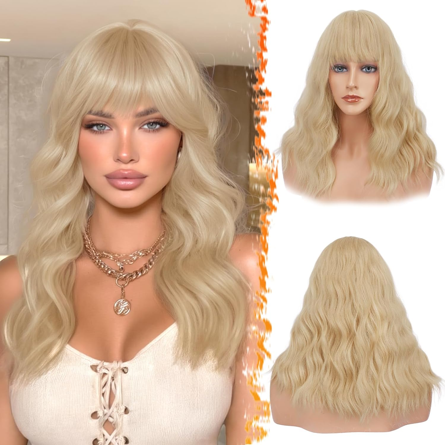 BARSDAR 46 Cm Medium Long Wavy Brown Wig with Fringe, Wig with Fringe for Women, Curly Wavy Heat Resistant Synthetic Shoulder Length Wig Cosplay Party - Light Chocolate Brown