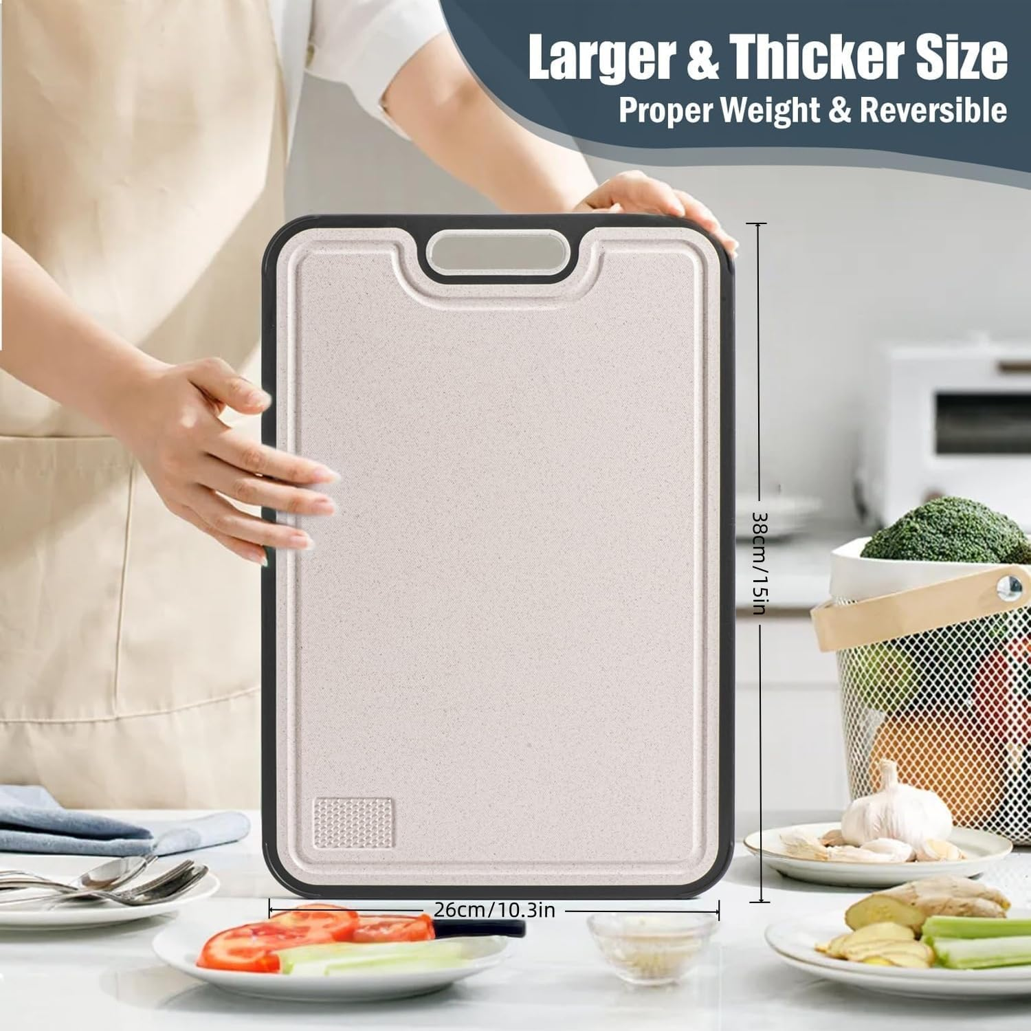 100% Pure Titanium Cutting Boards with Garlic Grinder，Double Sided Wheat Straw and Titanium Chopping Board,38X26X1.4Cm Large Cutting Boards with Non-Slip Handle，Easy to Clean Odorless and Antibacteria image number 5