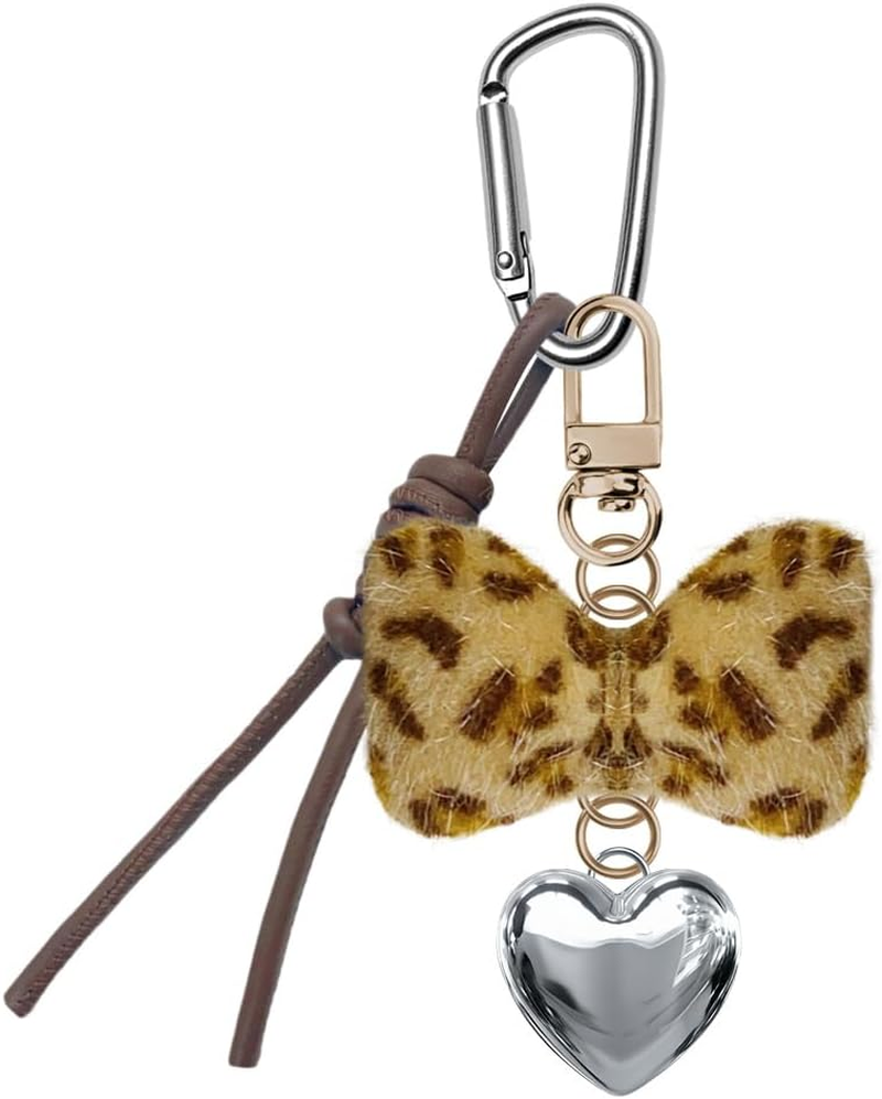 Leopard Bow Keychain Accessories Y2K Heart Bag Charms for Handbags Tote Bag Fluffy Bow Charms for Purse Leopard Print Fuzzy Charms for Girls Women Vintage Y2K Silver Heart Keychains for Car Keys image number 4