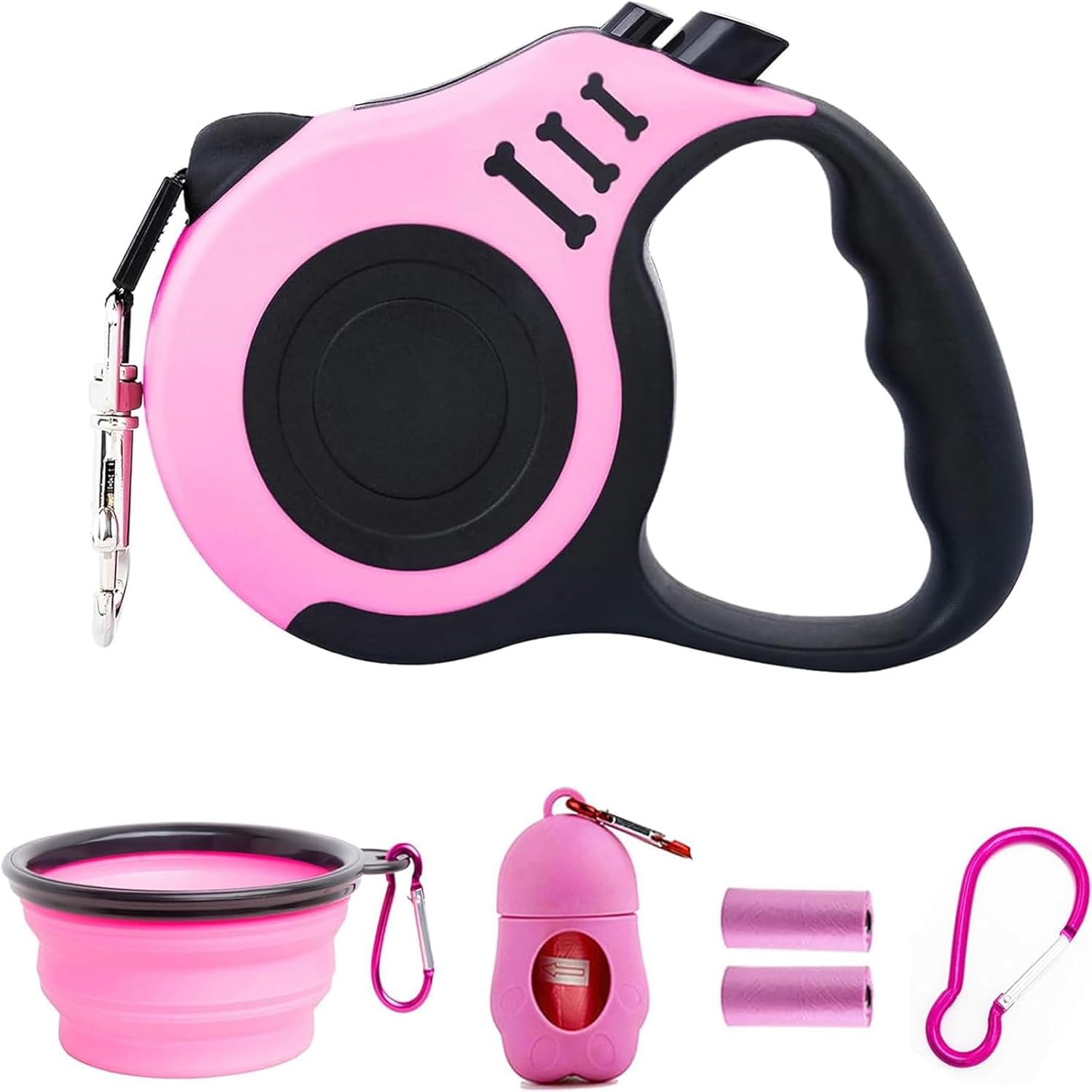 Babyhomder Pink Retractable Dog Leash Heavy Duty 16Ft Retracting Pet Leash with Dog Waste Bag Dispenser + Dog Bowl (Pink)