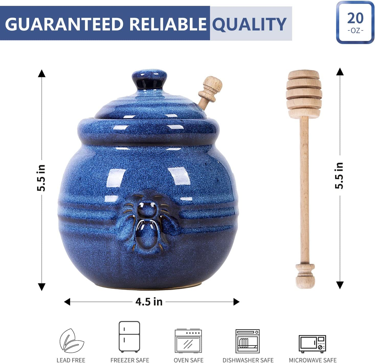 Cutiset Ceramic Honey Pot with Lid and Dipper, 20Oz Rustic Honey Jar (Blue) image number 5