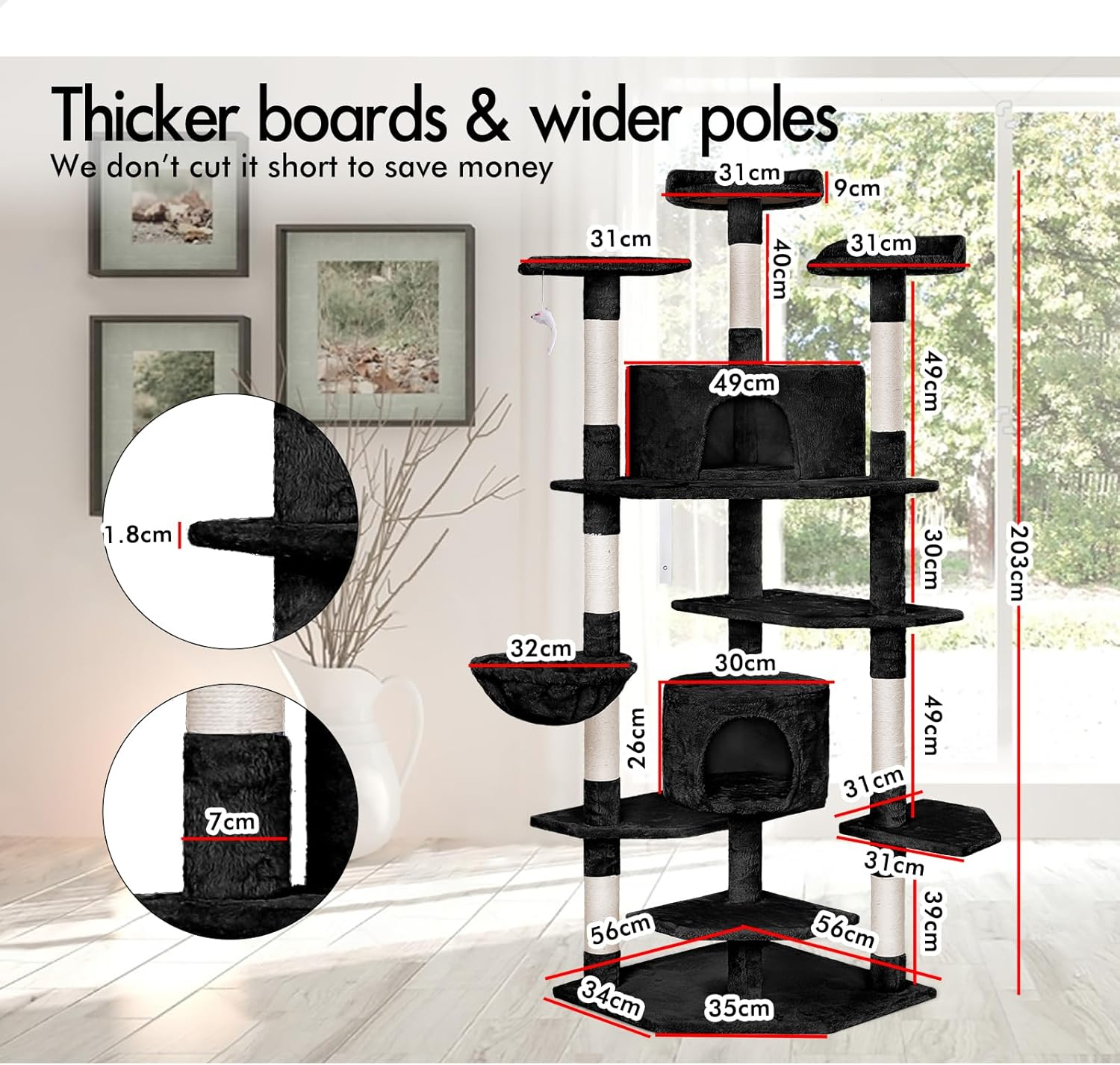 BEASTIE Cat Tree Scratching Post Scratcher Tower Condo House Furniture Wood 203 Black Colour - Beige image number 6