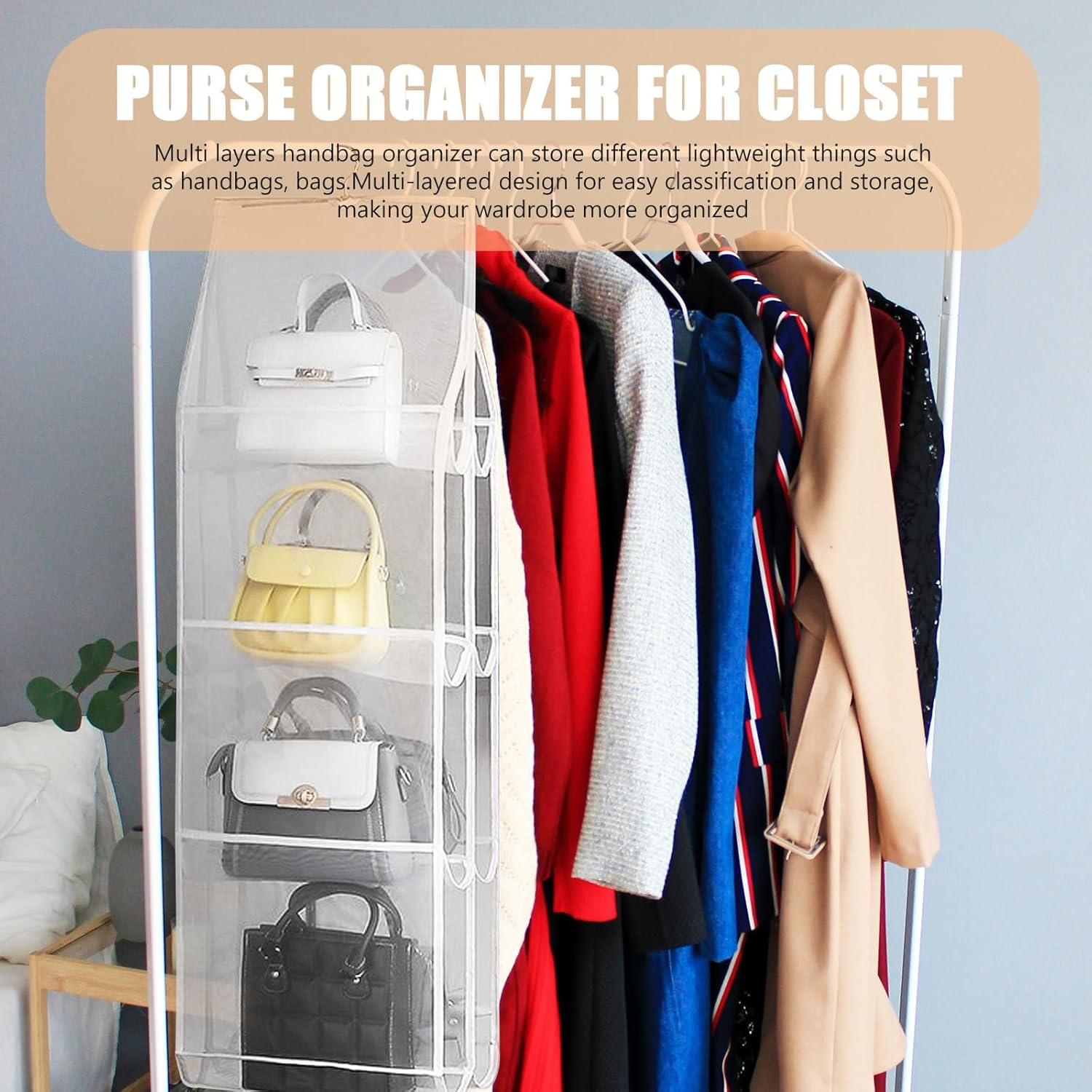 JECOMPRIS 4-Layer 8-Compartment White Hanging Purse Organizer Bag for Closet Storage, Multi-Pocket Handbag Holder Suitable for Wardrobe and Home Use image number 2